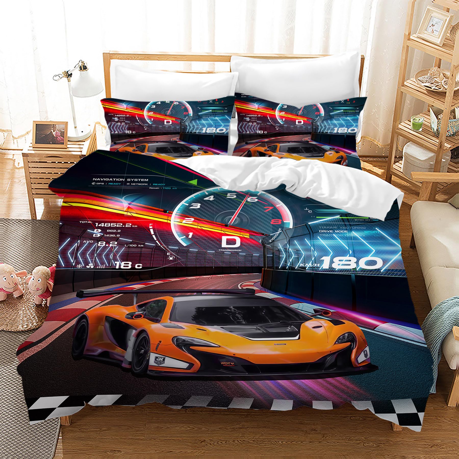 Racing Car Bed Linen Set for Boys, Extreme Sport Decor Bedding Set for Children with Zip and 2 Pillowcases 50 x 75 cm (Racing Car 4, 220 x 240 cm)