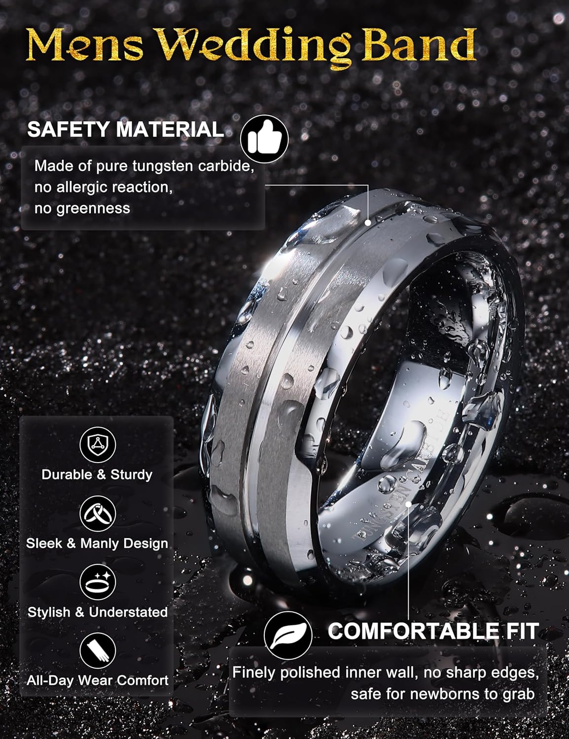 Jstyle Tungsten Wedding Rings for Men Black/Silver/Gold Mens Wedding Band 8MM Mens Engagement Rings Groove Beveled Edges High Polish/Matte Finish Men's Promise Ring Comfort Fit Size 7-14 - Image 2