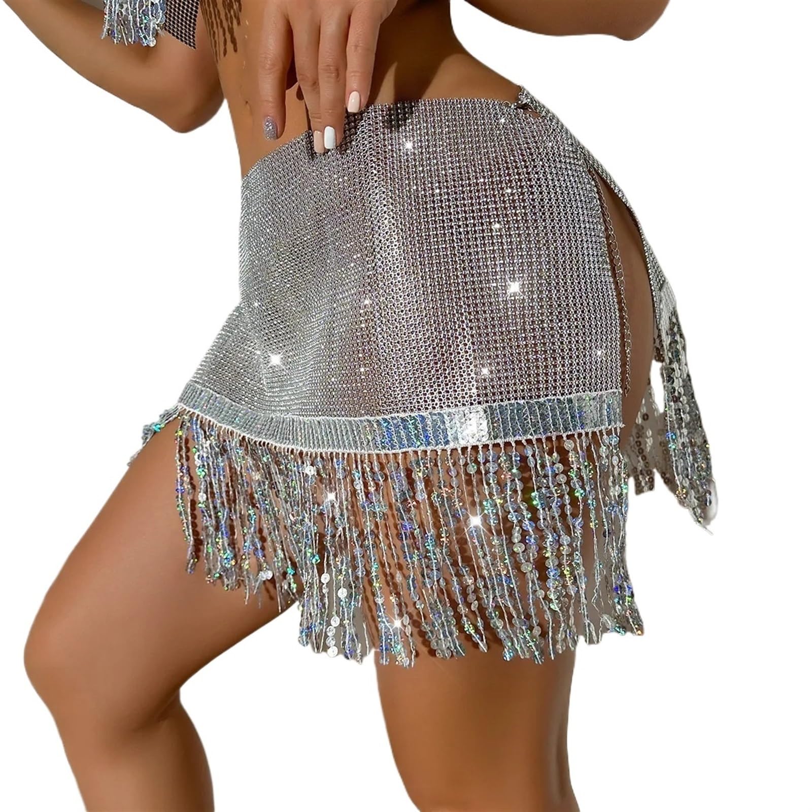 Gonna con Nappine Gonna da Danza del Ventre con Paillettes Donna, Minigonna Frange in Cotta di Maglia, Strass Lucidi, Night Club, Performance, Rave Party