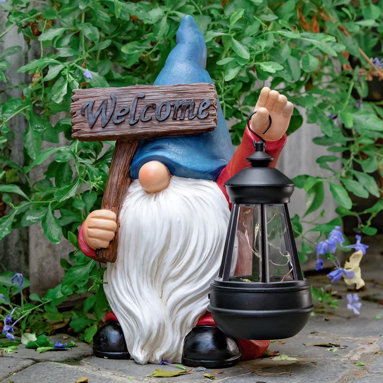 Garden Gnome Outdoor Decoration Solar Gnomes Statue with Lantern LED Lights,Terrace Courtyard Lawn Patio Porch Fall Decoration Halloween Christmas Housewarming Gift for Mom Women, Gnome Blue - Image 4