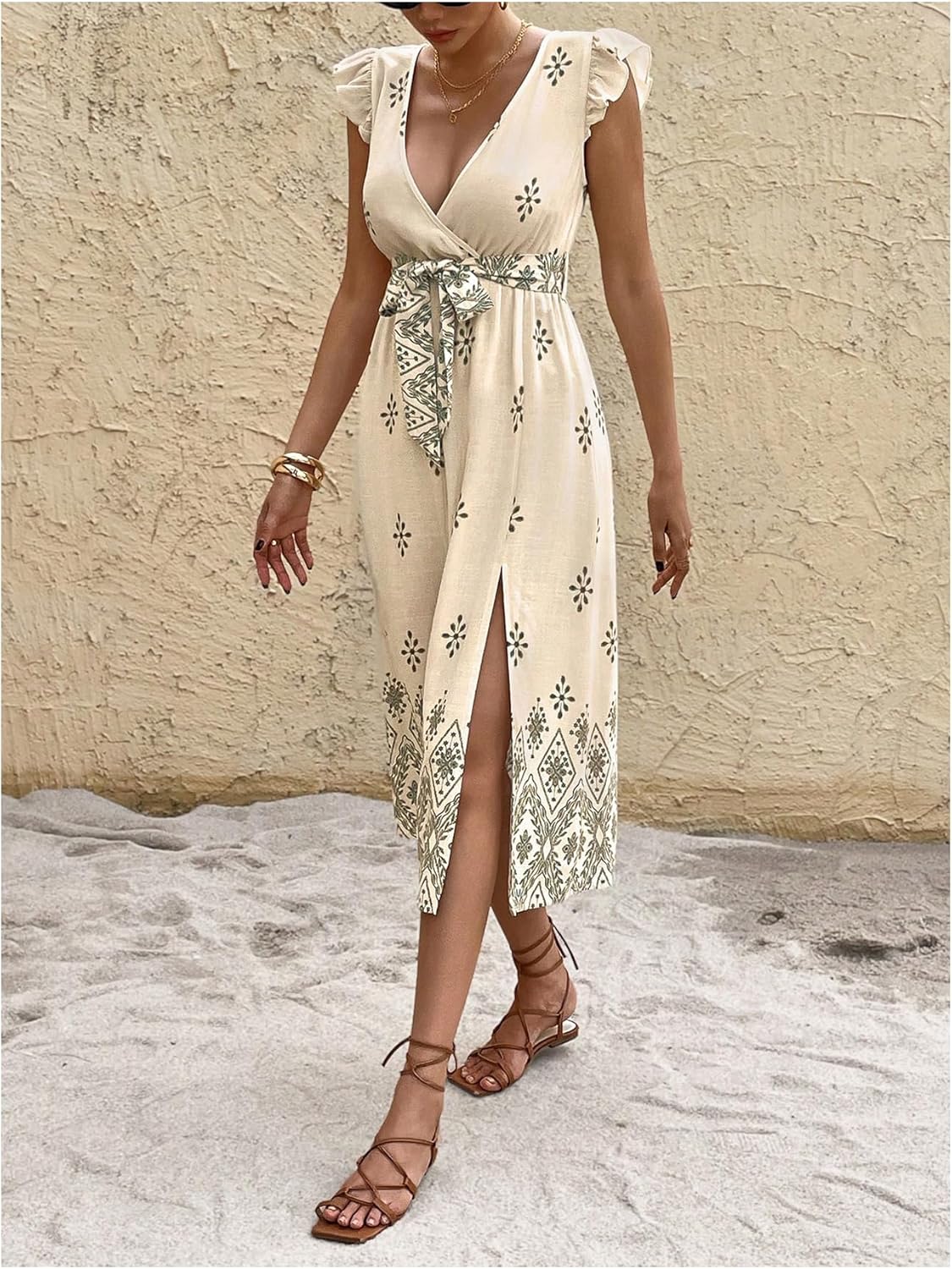 MakeMeChic Women's Spring Summer Vacation Dress Floral V Neck Ruffle Sleeve Midi Sundress Tie Bow Boho Dresses - Image 3