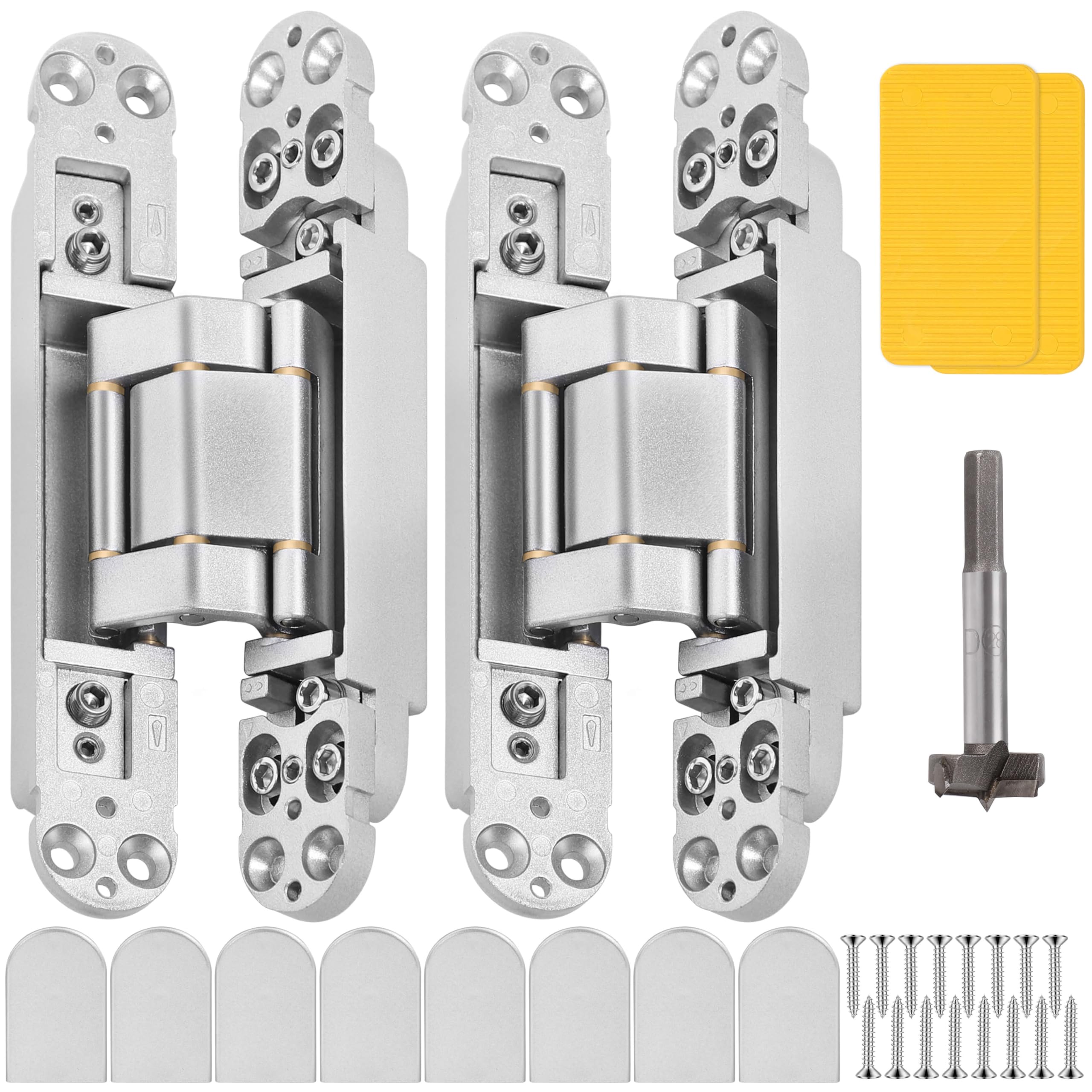 Bisagras de puerta invisibles (2 piezas) de bisagras ocultas plateadas de 7 pulgadas para puertas, 3 vías ajustables y oscilación de 180 grados y bisagra invisible de soporte de cobre mejorado,