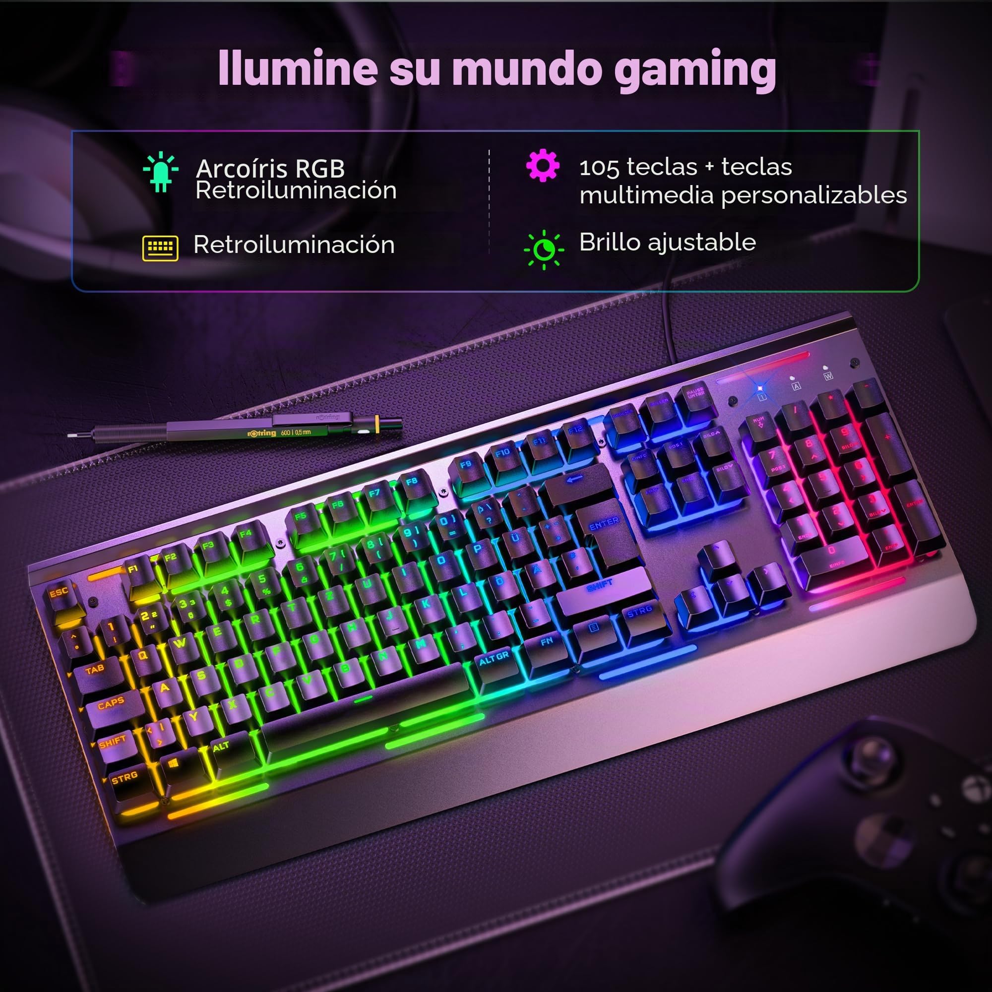 TECKNET Teclado RGB para videojuegos, teclado de membrana con 105 teclas, panel de metal, teclado con cable con reposamuñecas, iluminación RGB de 15 zonas, teclado de ordenador, 25 teclas