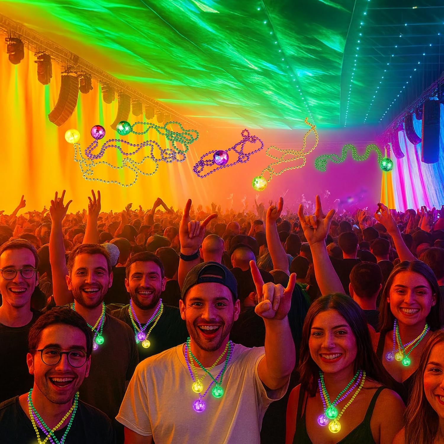 Mardi Gras Beads Necklaces Light Up Neon Mardi Gras Parade Throws Bulk Glow in the Dark Beads LED Disco Bead Necklaces 70s Carnival Throw Party Costume Accessories Party Decor Supplies