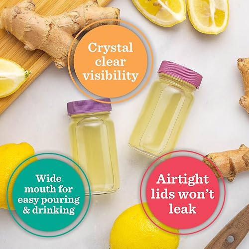 Miniatura 10 de Recipientes para chupitos de jugo, vidrio, transparentes, 2 onzas, tapas de colores y bandas de agarre de silicona, almacenamiento de bebidas,