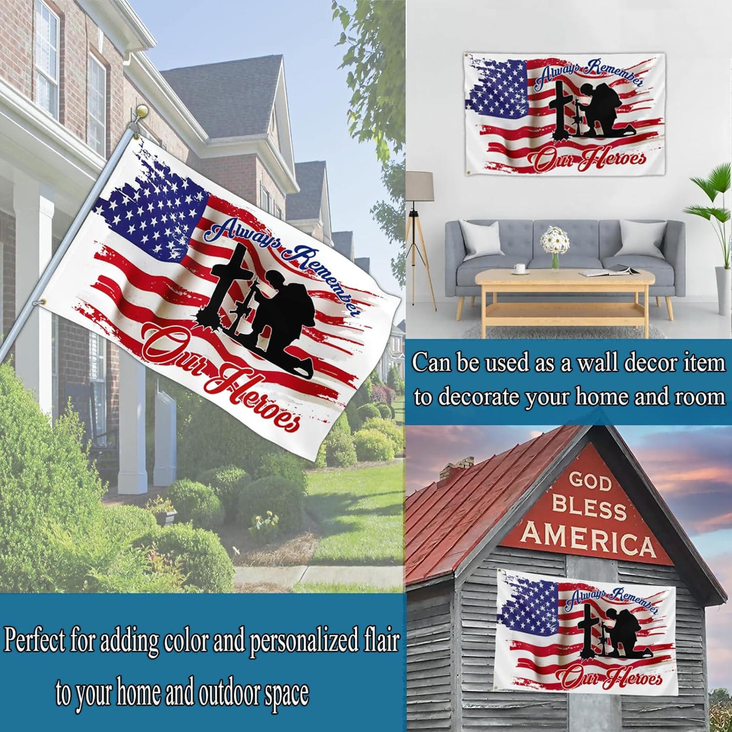 NASIAN Memorial Day Flag Always Remember Our Heroes Flags for Outside 3x5 Double Sided 4th of July Independence Day Flag Patriotic House Yard Decorations Banner - Image 2