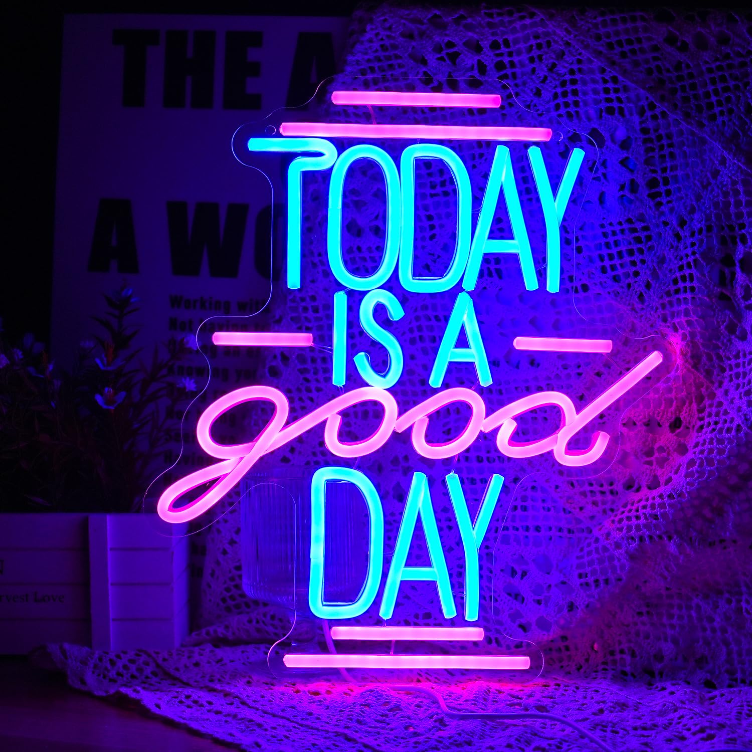 Neonowy znak 'Today Is A Good Day', kubek do kawy, mleka, do dekoracji ścian, możliwość przyciemniania, zasilanie USB, 30 x 35 cm, LED, litera, neonowy znak, szklany znak do kawiarni, na wesele, do