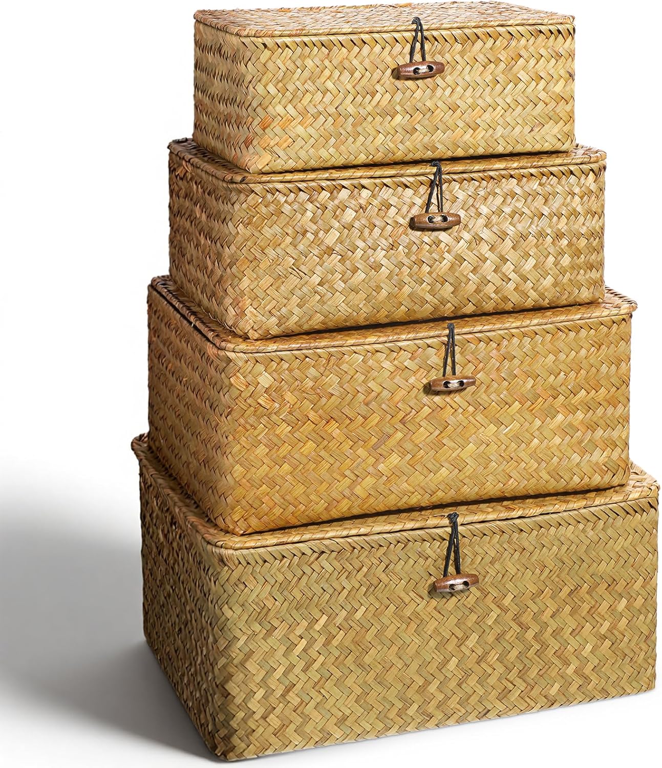 4 Set Wicker Storage Basket With Lid, 4 Size Handwoven Storage Bins Shelf Baskets Multipurpose Container for Home & Office Supplies