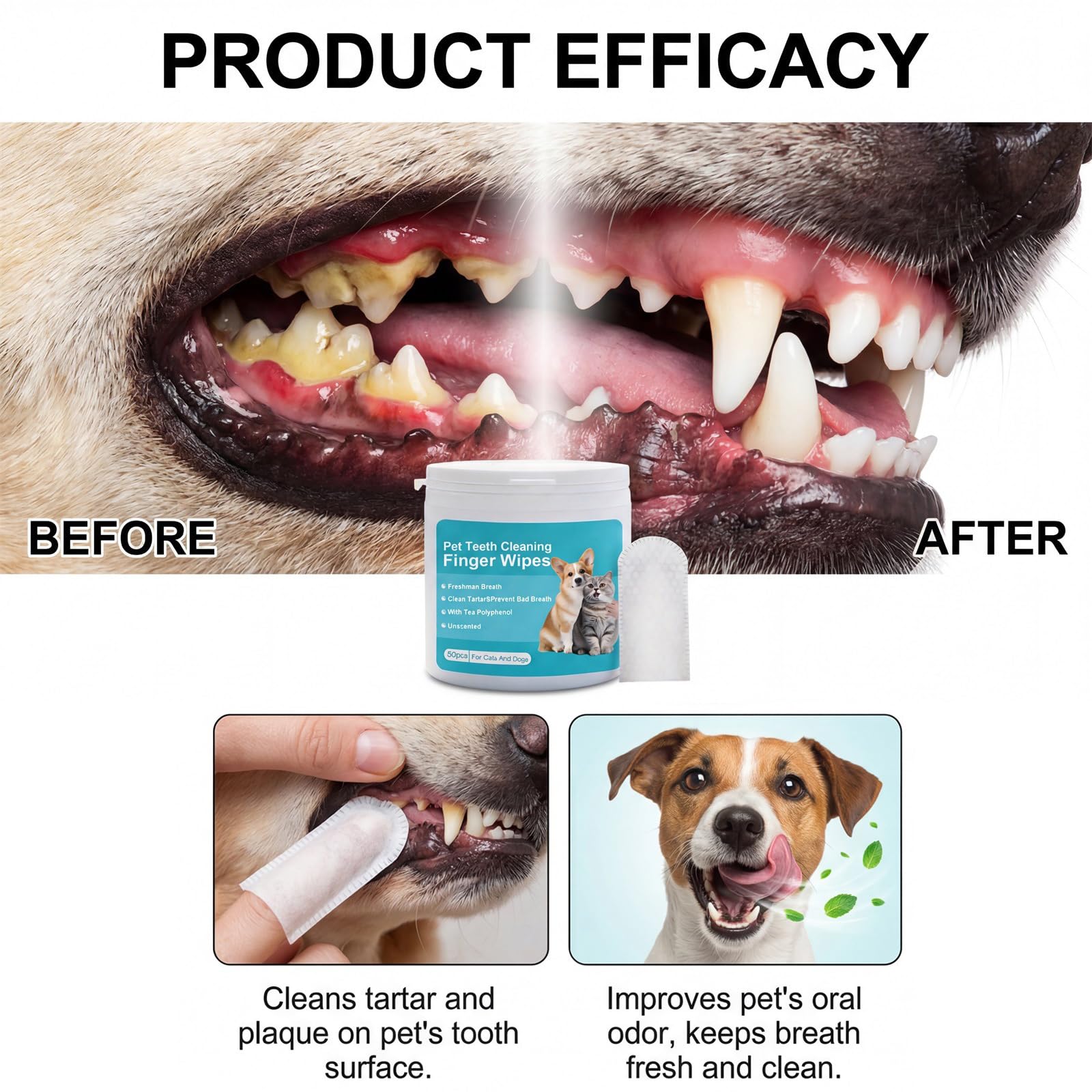 2026 New Natural Pet Dental Finger Wipes, Clean Teeth & Fresh Breath for Dogs & Cats, Dental Wipes, Natural Pet Oral Care, Plaque & Tartar Remover, Bad Breath Freshener (1cans+ear clean)