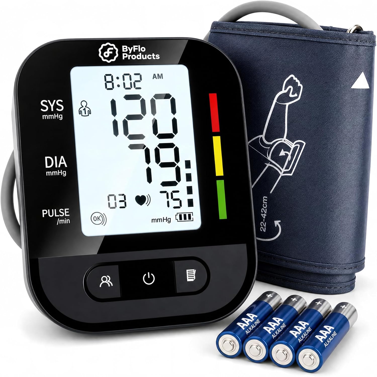 ByFloProducts Blood Pressure Monitor Machine for Home Use, Backlit, Black | Oscillometric tech, digital heart rate monitor, backlit LCD, 2 users. Includes cuff & 4 AAA batteries. Fully automatic