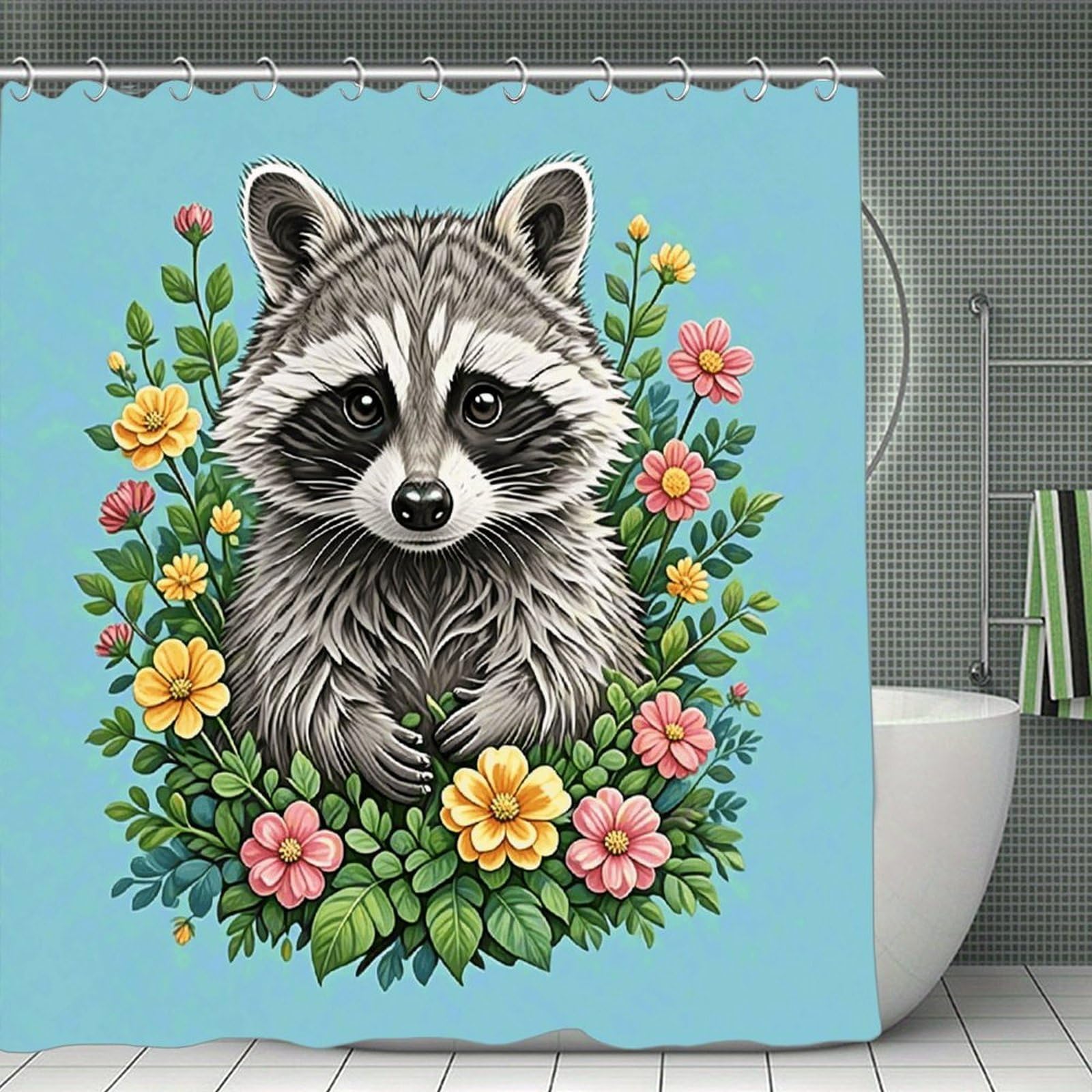 VstaDank Raccoon Shower Curtain Waterproof Bathroom Shower Curtain with C Type Hooks Soft Lightweight Shower Curtains Liner Washable Polyester Cloth Shower Liner 71x71 Inch