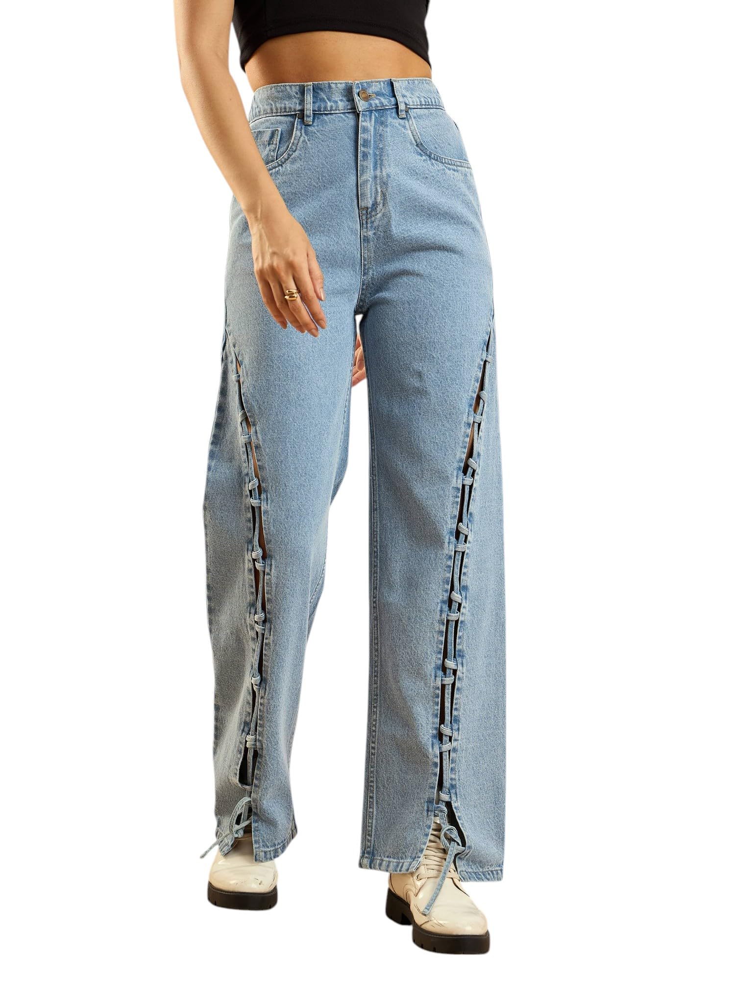 sassafras Women Dori Insert Detail Straight Fit Jeans-picture-46