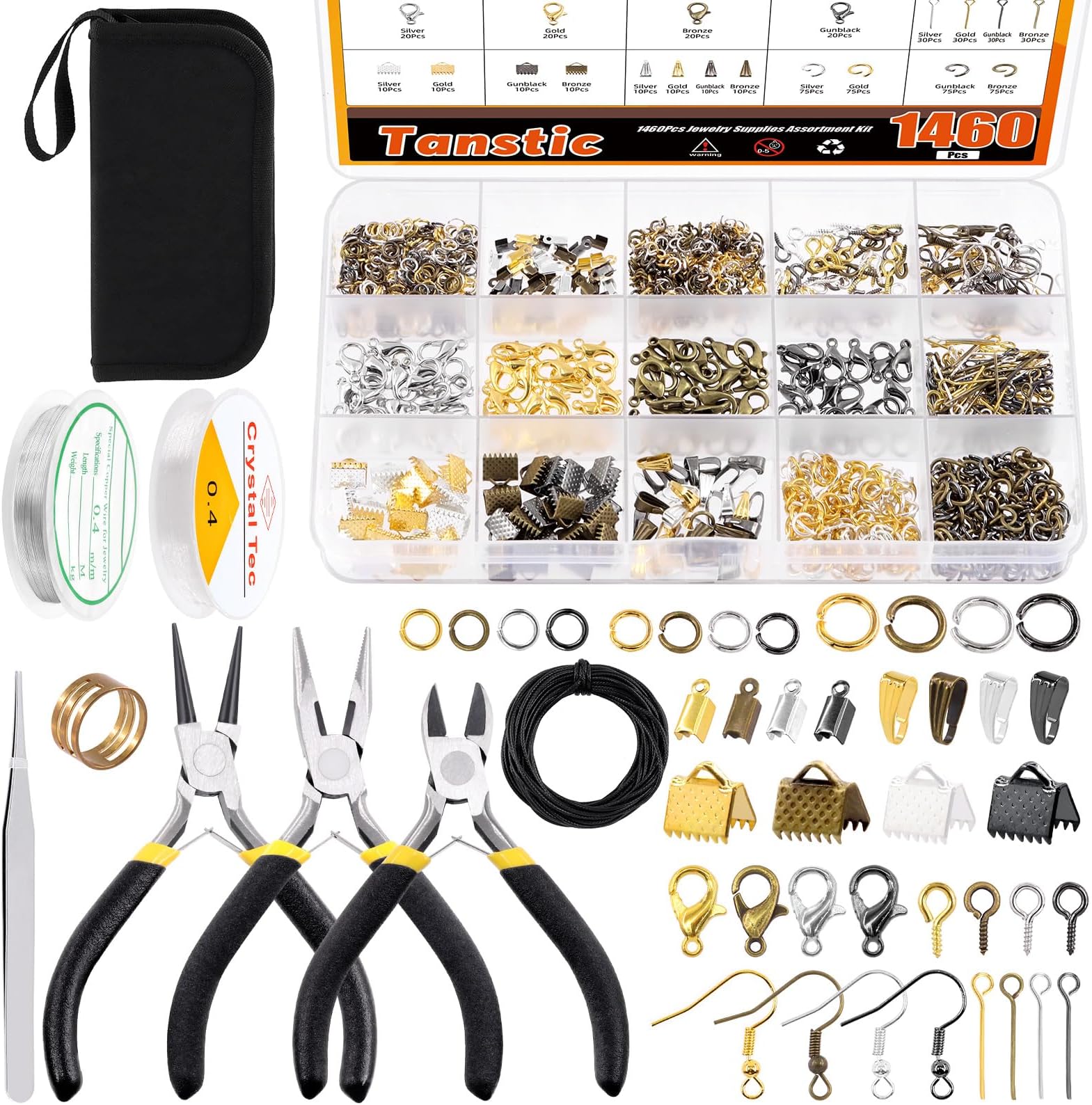 Tanstic 1469Pcs Jewelry Making Kit - Supplies, Tools, Pliers, Wires, Findings & Storage Bag for Repair & Beading
