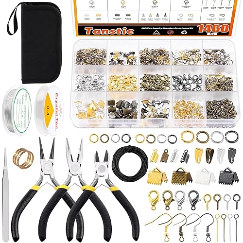 Tanstic 1469Pcs Jewelry Making Kit - Supplies, Tools, Pliers, Wires, Findings & Storage Bag for Repair & Beading