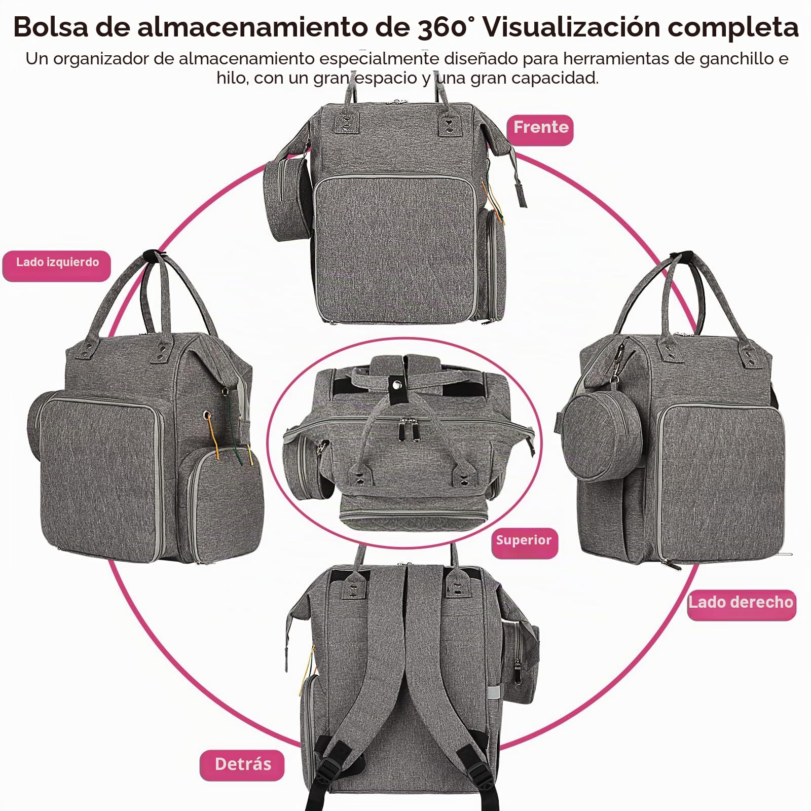 Coopay Bolsa de Punto Multifunción, Bolsa de Ganchillo de Viaje con 6 Agujeros, Gran Bolsa de Almacenamiento de Hilo para Proyectos Inacabados, Accesorios de Punto y Ganchillo (Gris)