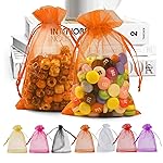 ANZNKU 100 Pack Organza Bags - 4x6 inch Small Sheer Mesh Gift Bags with Drawstring - Premium Orange Favor Bags for Halloween, Wedding, Party, Christmas