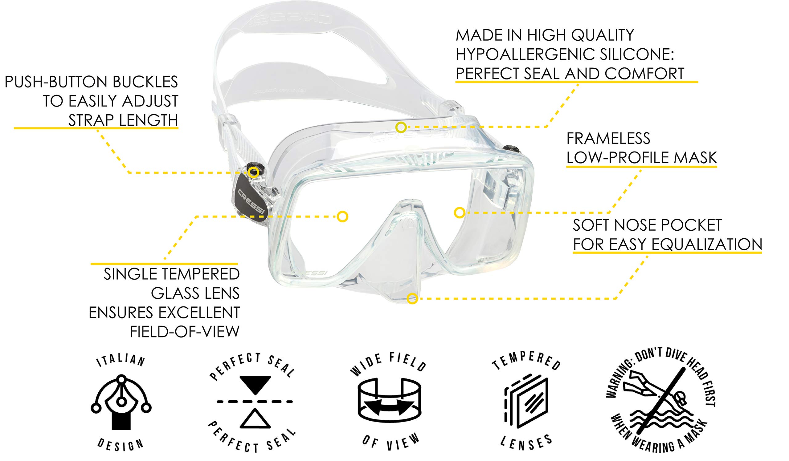 Cressi SF1 Tauchmaske quadratisch, rahmenlose Tauchermaske für Erwachsene | Rahmenlose Tauchmaske, Taucherbrille Erwachsene, für Sehstärke-Gläser geeignet, Taucherbrille breites Gesicht, Freitauchen