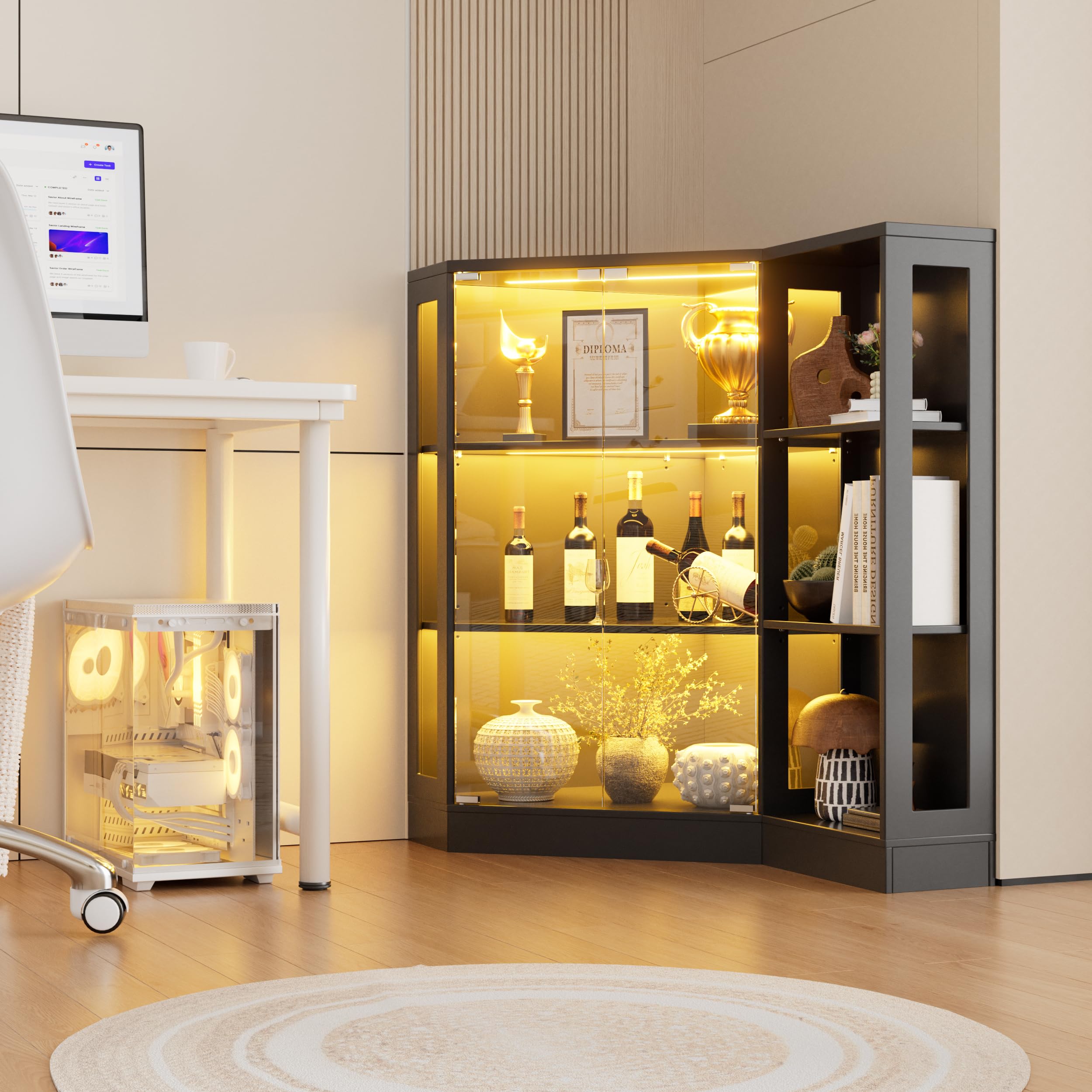 Vitrina de Cristal con LED,Vitrina Expositora Esquina para Colecciones de 3 Pisos,Puertas de Vidrio Templado Apertura por Presión,Estantes Ajustables,Para Sala, Oficina, Colecciones,100x116.5x60cm