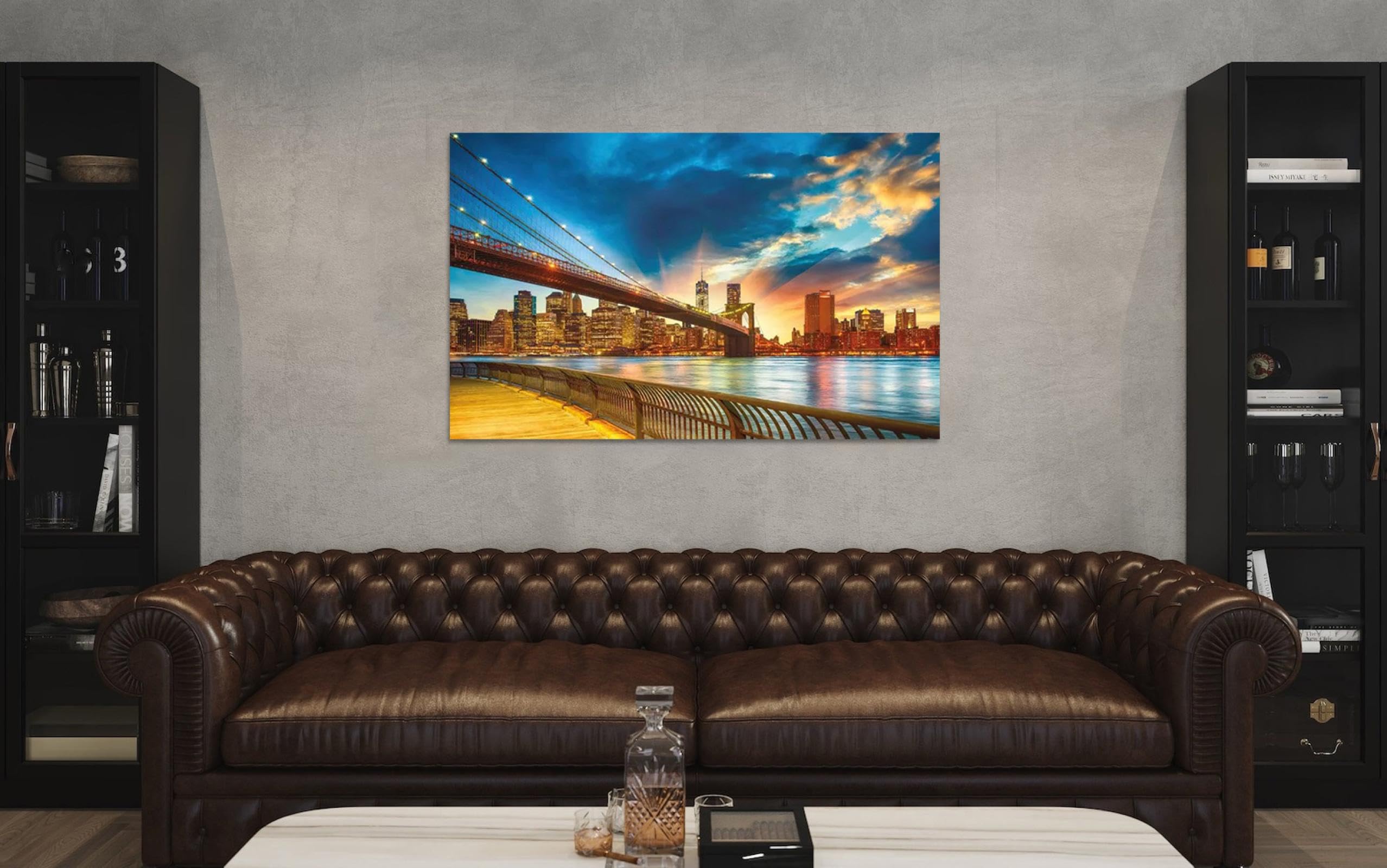 Stadtlandschaft Leinwandbild mit Rahmen Fertig zum Aufhängen-Landschaftsbilder auf Leinwand-Panorama Wandbilder Wohnzimmer-Brücken Gebäude Sunset 60x95cm Umwickelte Leinwand
