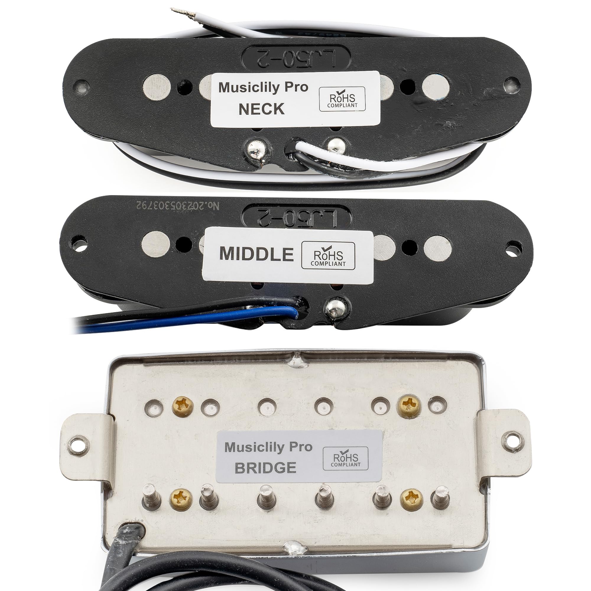 Musiclily Pro ST-60SE Alnico 5 Staggered Single Coil Pickups and Covered Humbucker ST-HSS Neck Middle Bridge Pickups Set for Strat Style Electric Guitar Black - Image 4