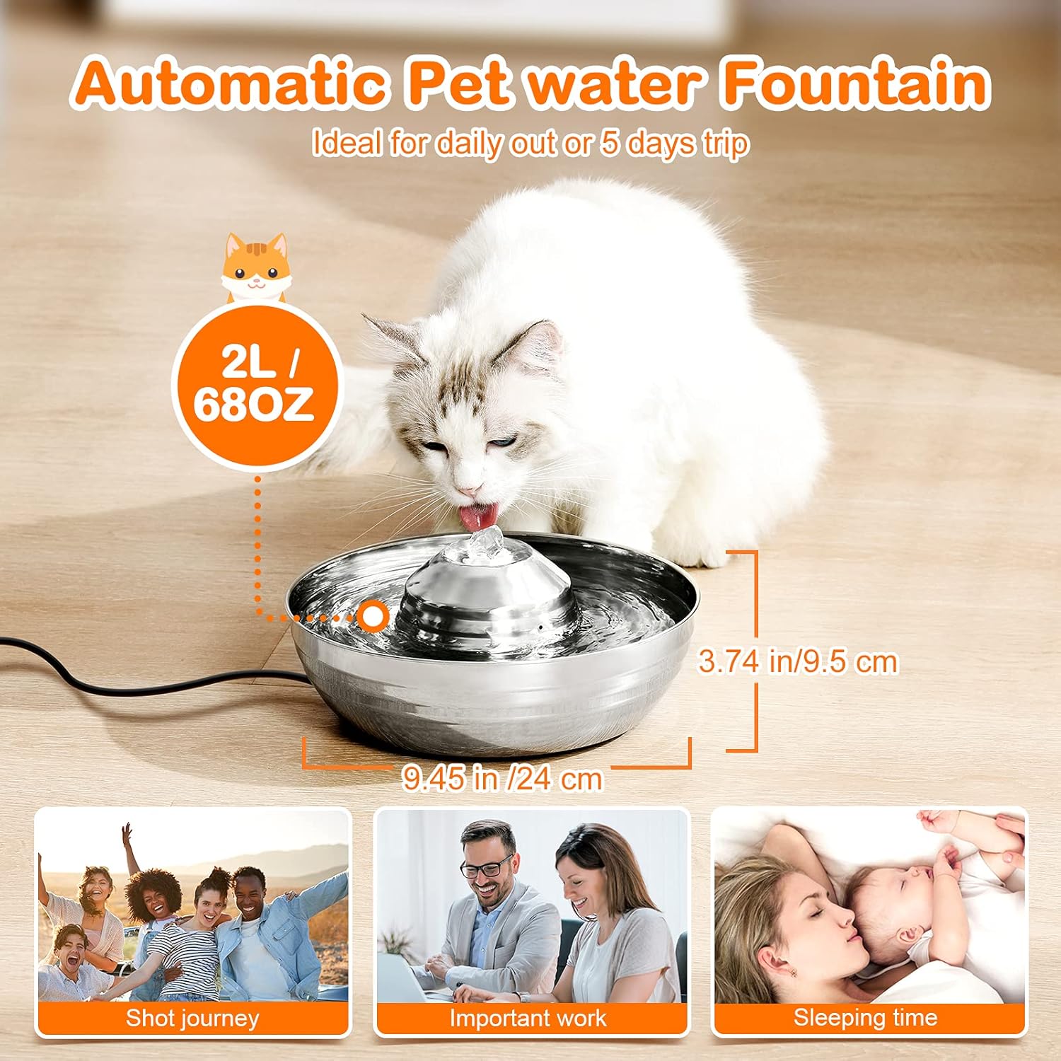 Cat Water Fountain, QILEBI 67 OZ /2 L Stainless Steel Dog Water Fountain with Filters & Ultra Quiet, Dishwasher Safe Pet Drinking Dispenser with Slicone Mat for Cats, Dogs