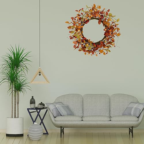 Miniatura 6 de Corona de otoño con hojas de eucalipto naranja para puerta delantera, decoración de ventana de pared interior
