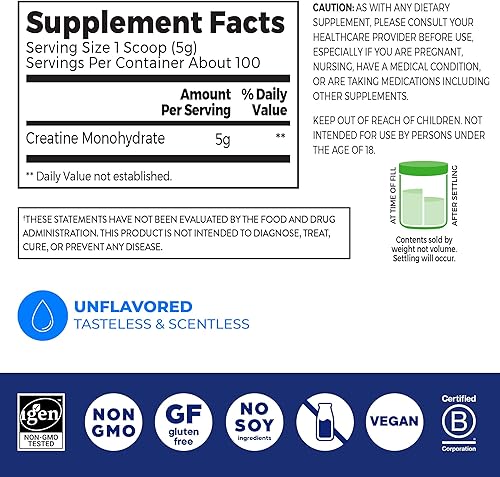 Miniatura 2 de Orgain Monohidrato de creatina en polvo micronizado, sin sabor, apoya el crecimiento muscular, la recuperación después del entrenamiento y la salud