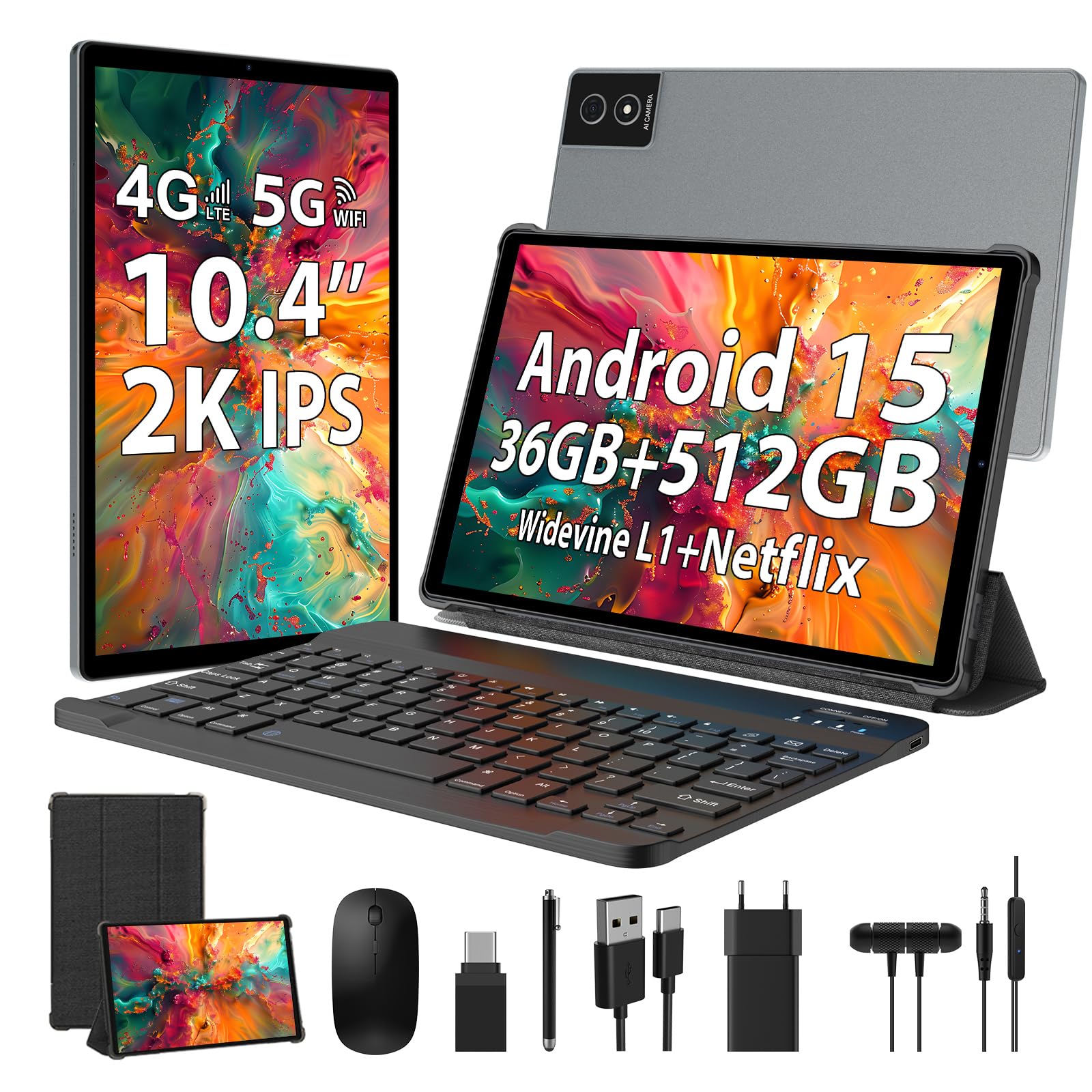 WOREGOO 10.4 Pollici Tablet Android 15, 4G LTE e 5G WiFi, Octa-Core, 36GB RAM+512GB ROM (1TB TF), Widevine L1, 2K 2000x1200 FHD Display, GMS/GPS/8+13MP/Batteria 8000mAh con Tastiera+Mouse(Grigio)