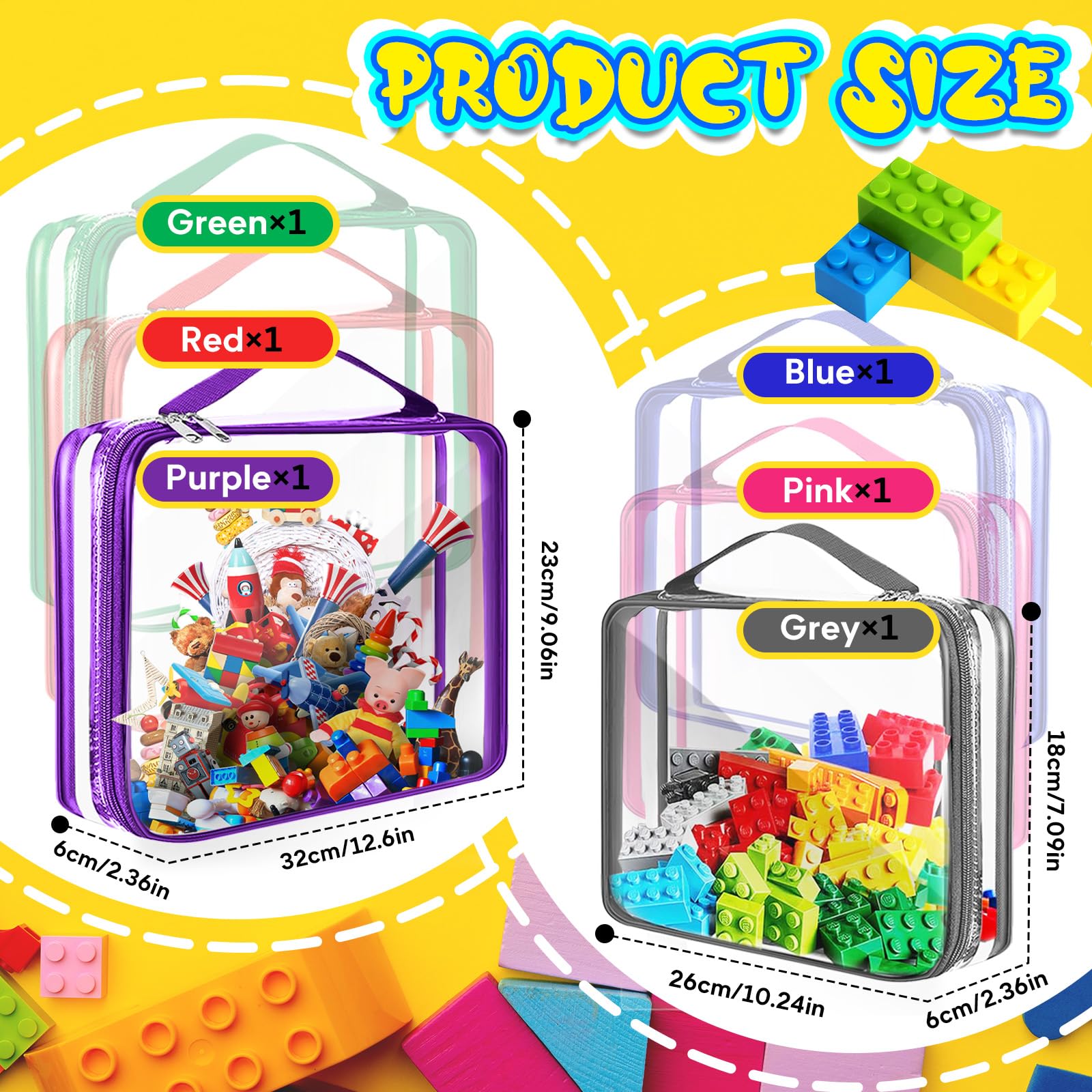 AOBOPLE 6 Packs Toy Storage Bags with Zipper,2 Size PVC Clear Toy Organizer Bags with Labels,Toy Bags for Board Games,Building Blocks,Puzzles,Kids Books