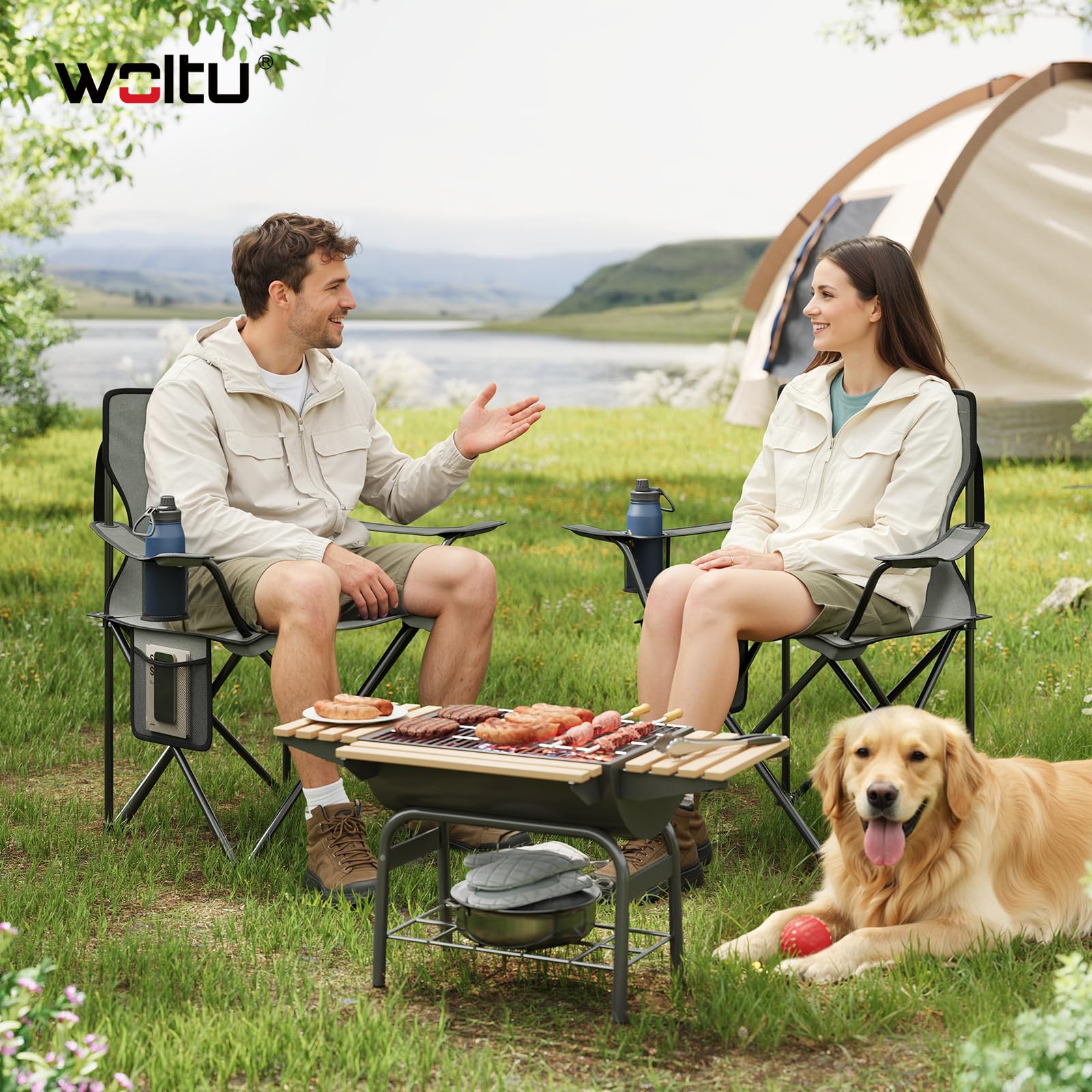WOLTU Lot de 2 Chaises de Camping, Chaises Pliables Portables avec Porte-gobelet et Poche Latérale, Charge 120 kg, pour Camping, Pêche, Pique-Nique, Plage,Gris Foncé