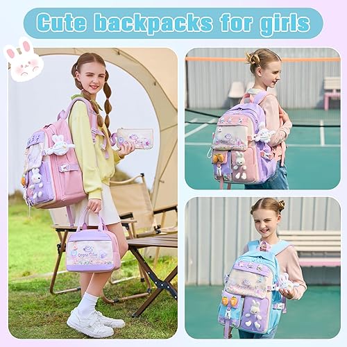 Miniatura 6 de Mochila para niñas, juego de bolsa de libros con lonchera y estuche para lápices, mochilas escolares de conejito kawaii para niña, 3 piezas de