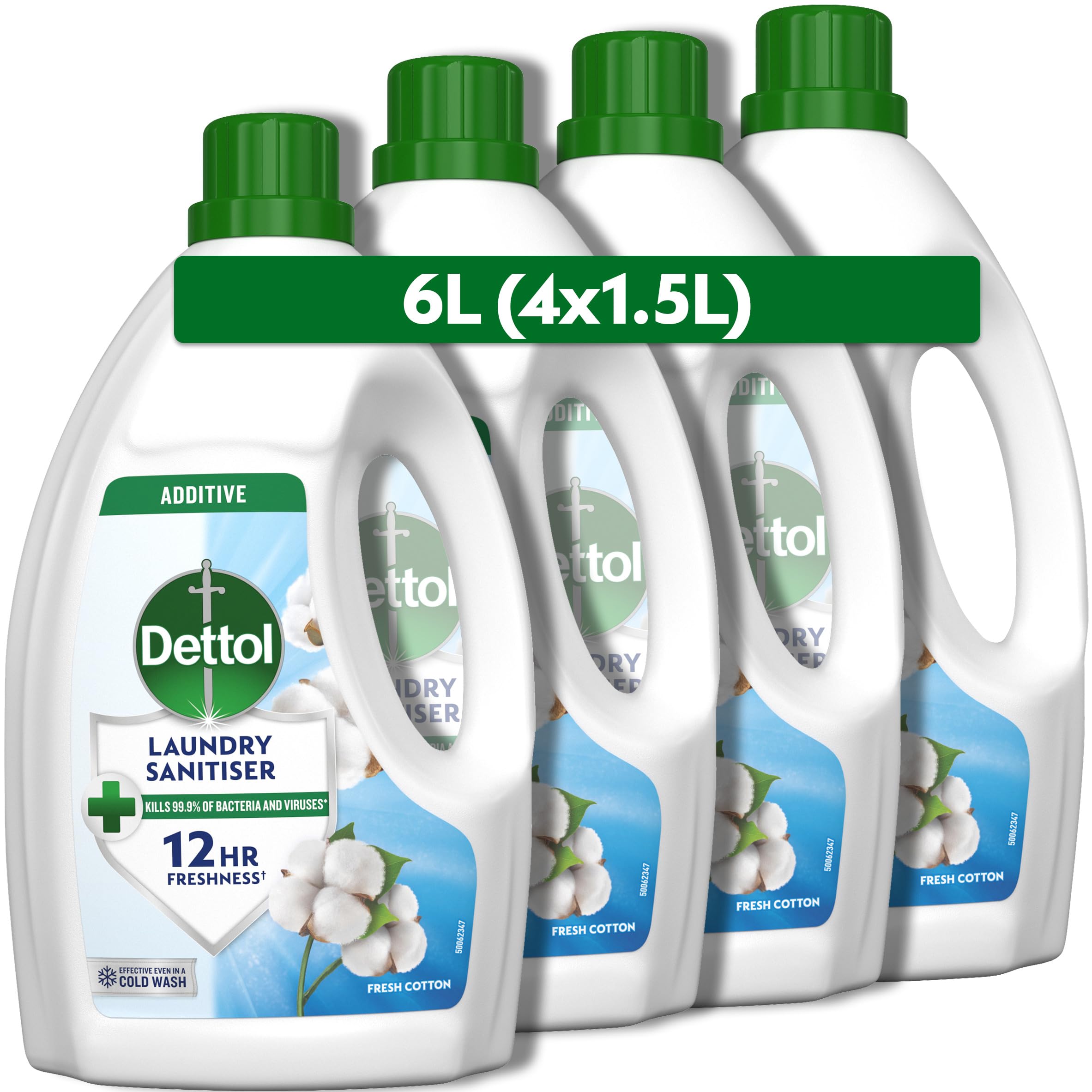 Dettol Laundry Sanitiser, Antibacterial, Fresh Cotton, 6L Total (1.5L x 4pck) 12hr Freshness, Removes Odour, Prevents colour fading, Kills 99.9 Percent of Bacteria