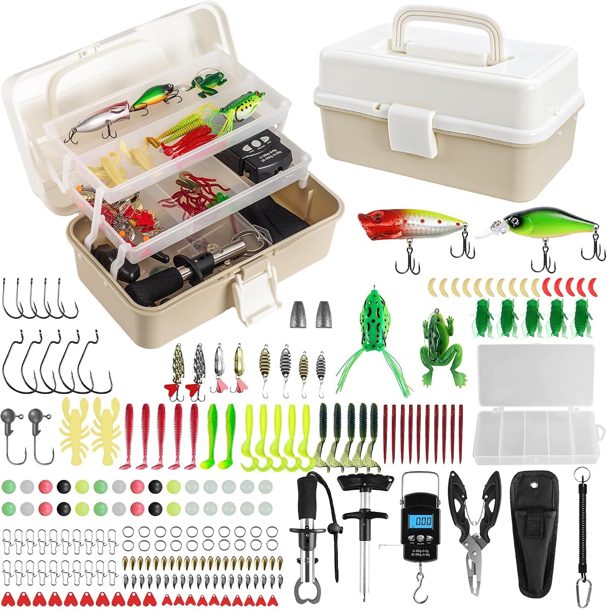 Layers Fishing Tackle Box, 213Pcs Fishing Lures Kit with Small Fishing Tool Kit Containing Weights Scale, Lip Clip, Hook Remover, Fishing Accessories, Fishing Gear for Beginners, Kids, Men, Adults