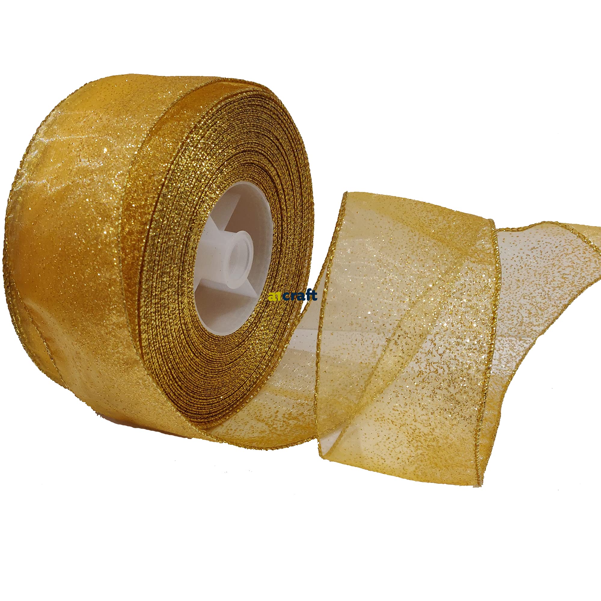 Gold Glittery Wire Edged Ribbon for Christmas,Wreath Decoration and Wedding Craft (15 Meter)