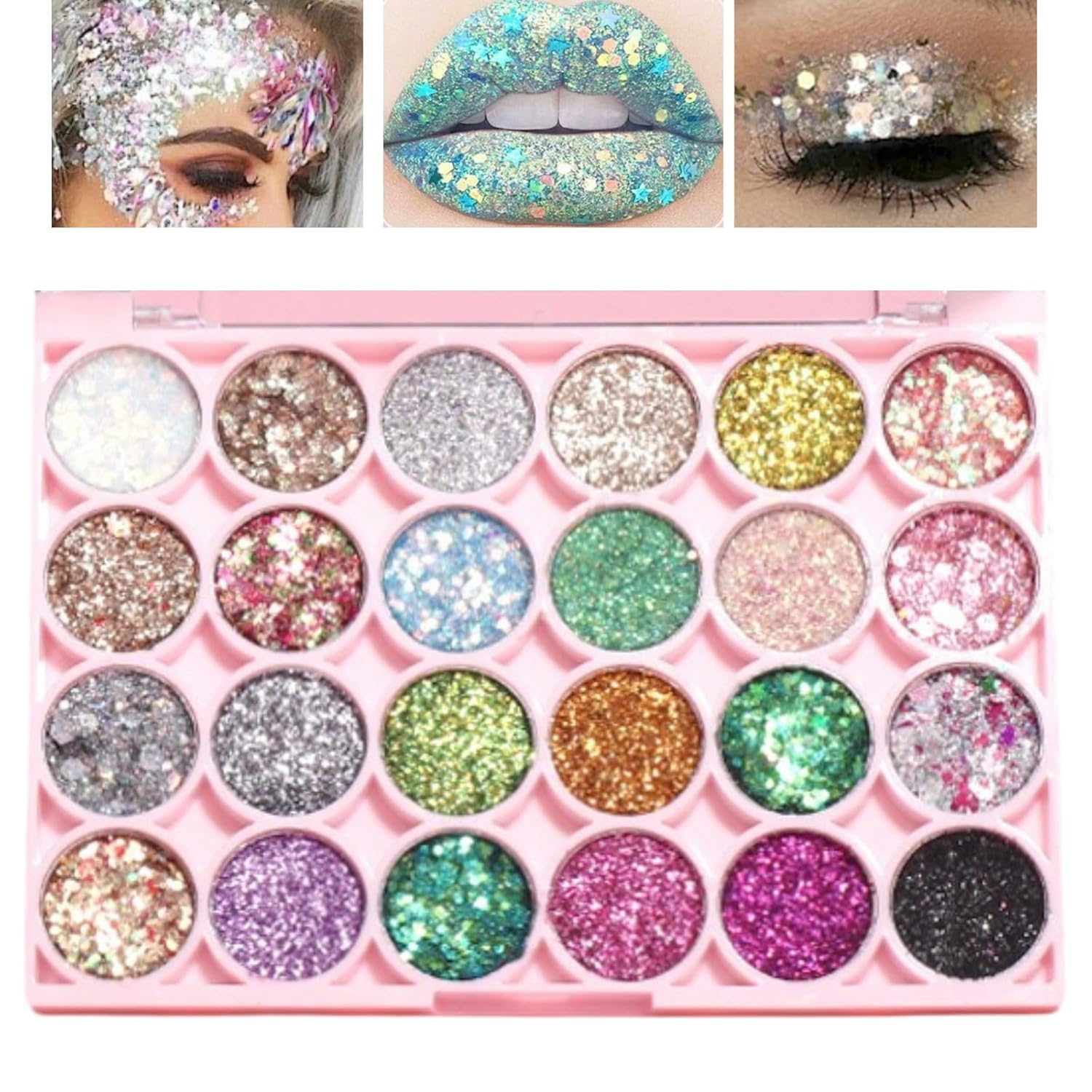 24 Colors Glitter Shimmer Eyeshadow Palette for Women, Vibrant Shades & Highly Pigmented, Shimmer Sparkle Eyeshadow Palette, Colorful Glue Gel Sombras De Ojos Professional Makeup for Eyes, Lips & Face