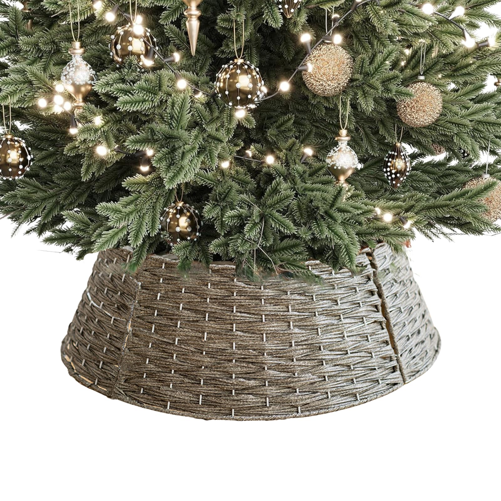 Belupai Wicker Christmas Tree Skirts Collar Rings, Rattan Artificial Christmas Tree Skirt Stand Farm Christmas Tree Collar for Artificial Christmas Trees Decoration(Gray, L)