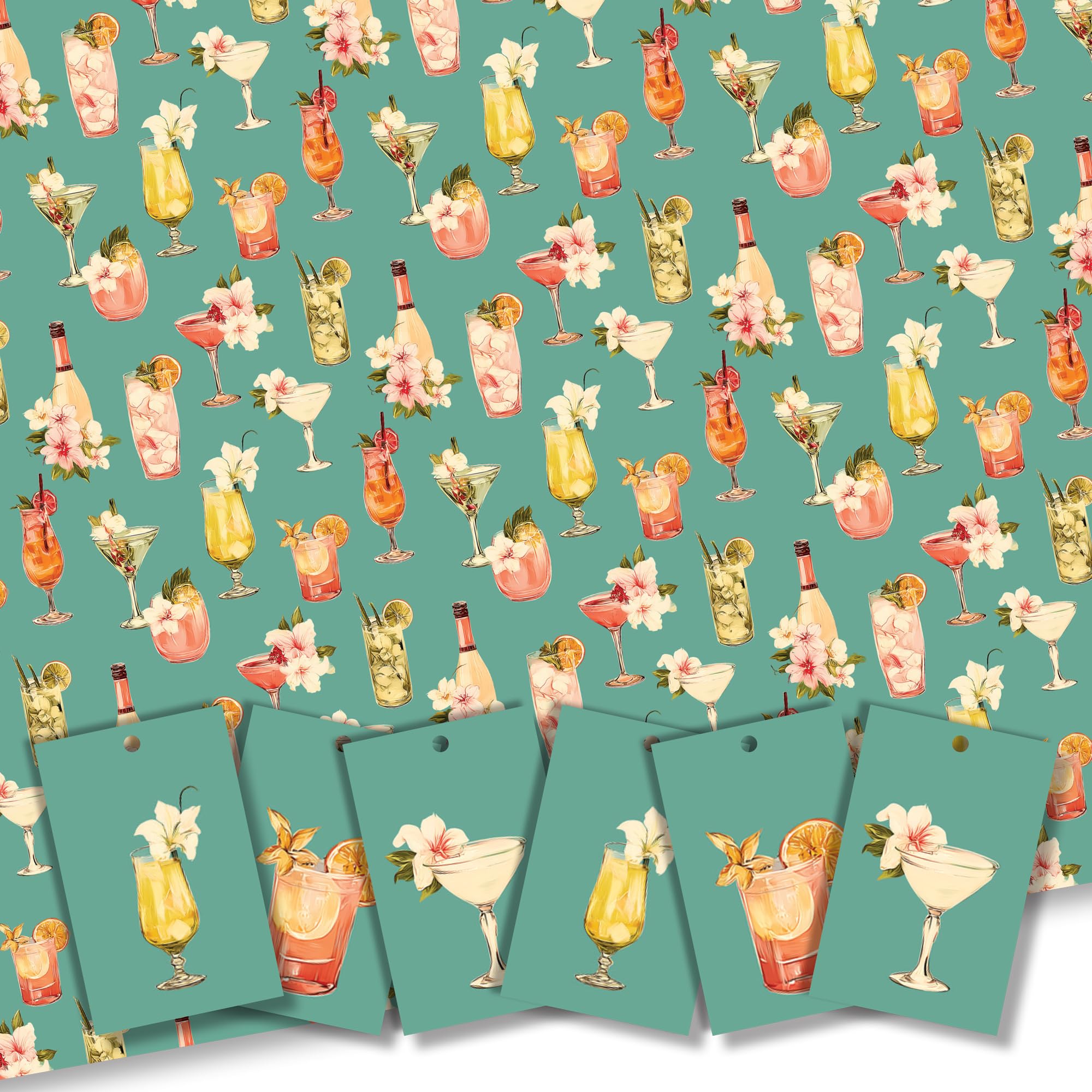 Gift Wrap. Cocktail design. 5 XL Sheets (50 x 70cm). Wrapping Paper with matching Tags. Cutting grid on reverse. Made in UK. Made in Britain.