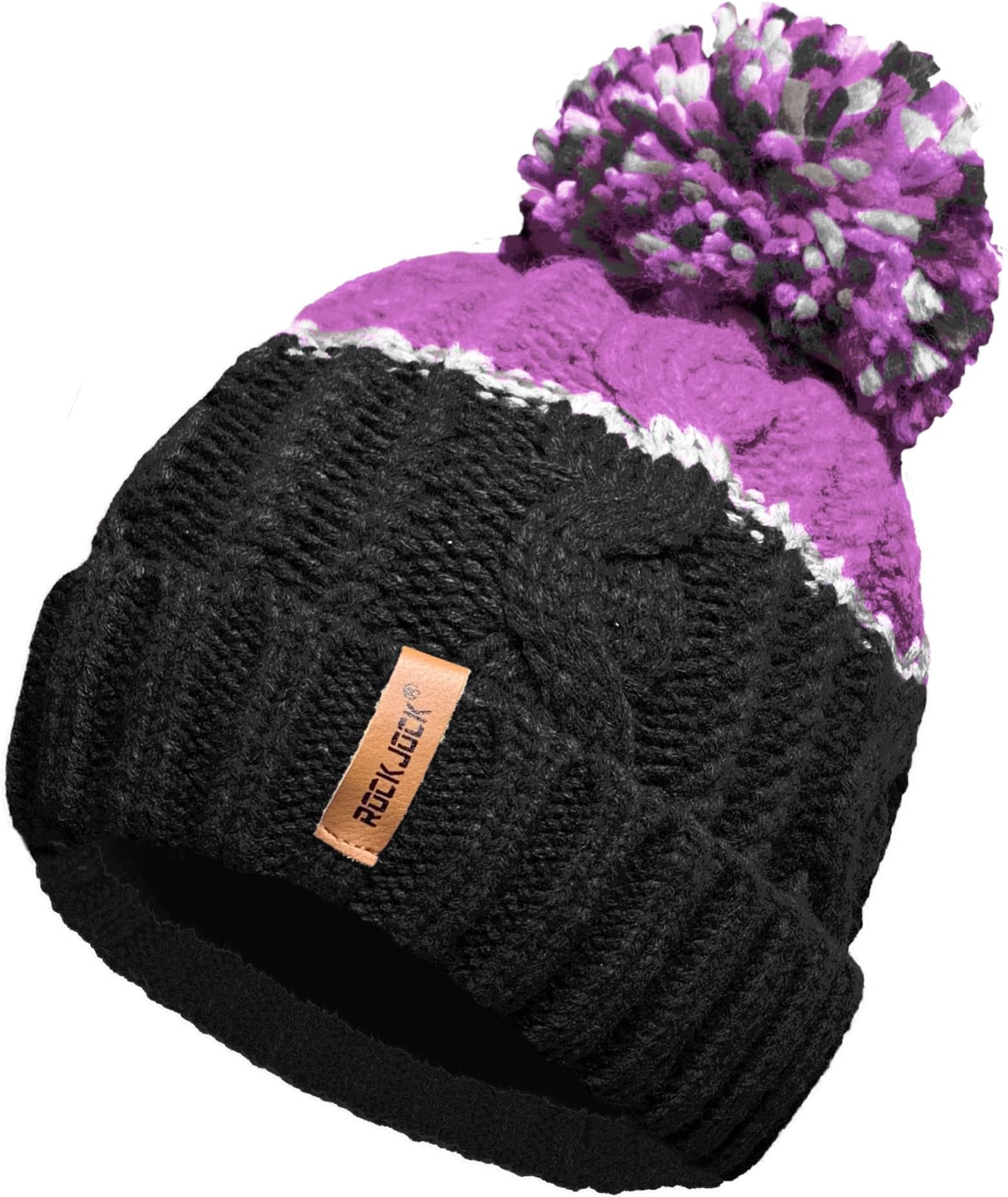 Unisex Mens Ladies Warm Winter Chunky Colour Block Ski Bobble Pompom Hat with Cosy Thermal Teddy Fleece Liner