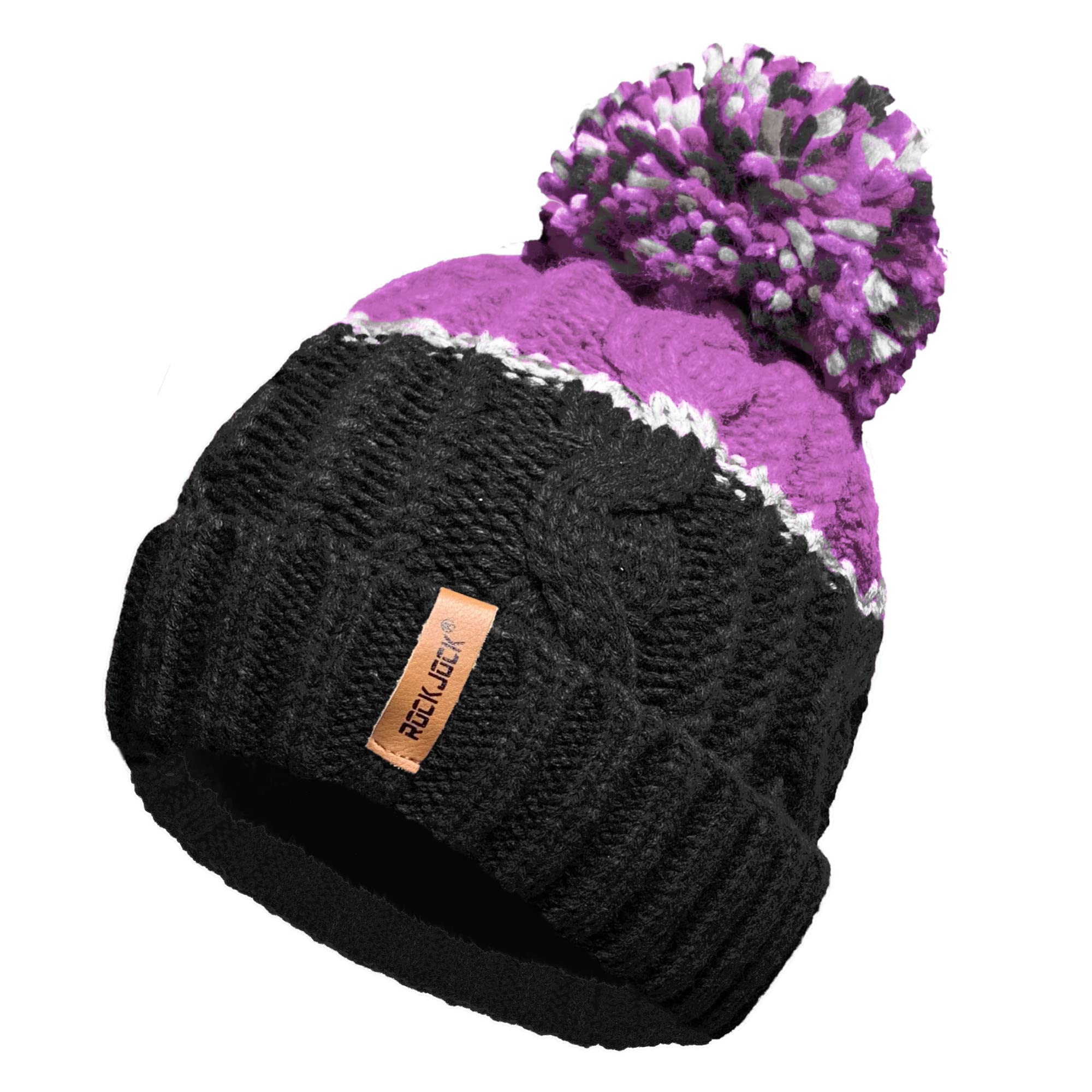 RockJock Unisex Mens Ladies Warm Winter Chunky Colour Block Ski Bobble Pompom Hat with Cosy Thermal Teddy Fleece Liner
