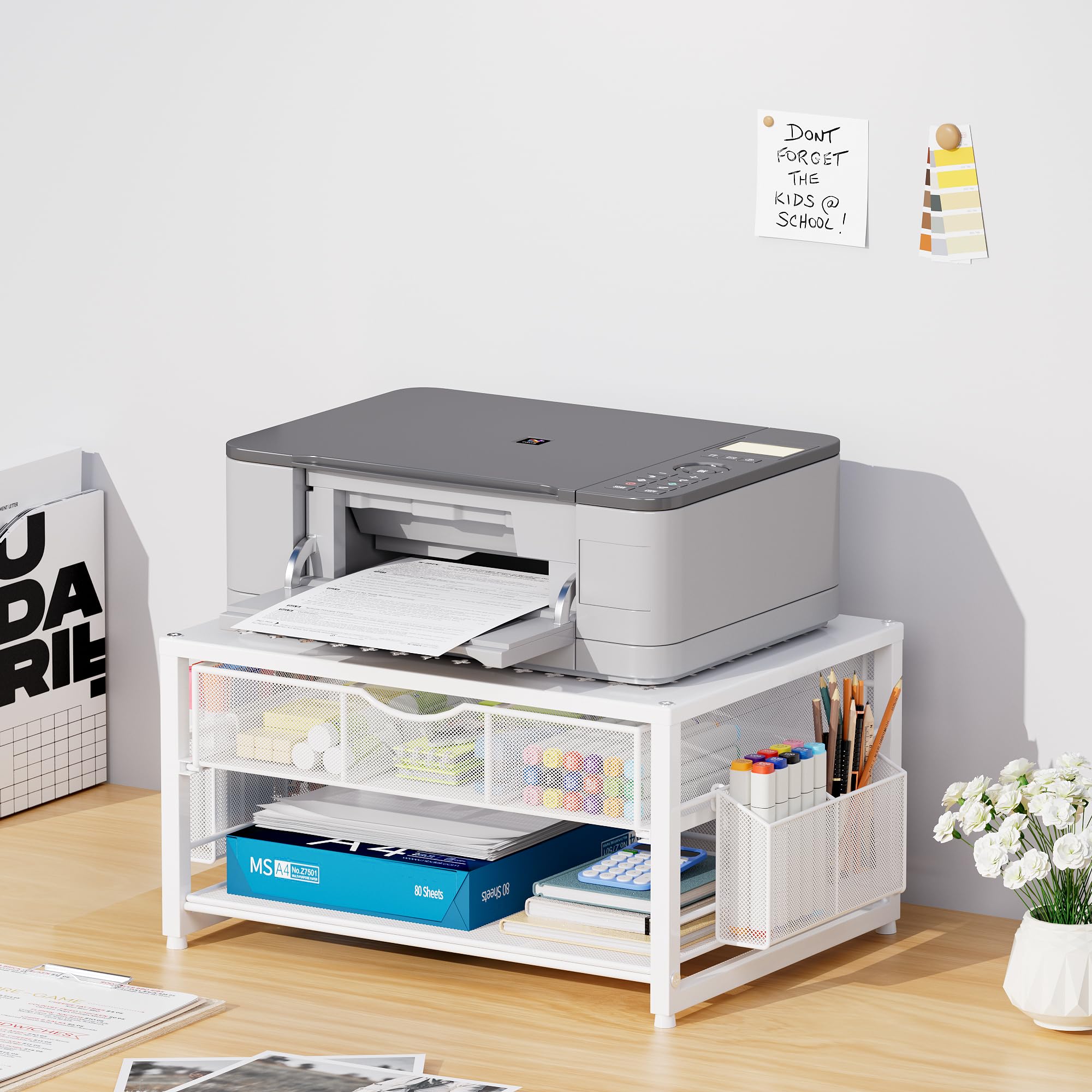 Marbrasse 2-laags Printerstandaard en Opbergruimte, Monitorstandaard met Lade en Pennenhouders, Metalen Organizer voor Kantoorbenodigdheden op te bergen, Bureau Organizer voor Faxapparaat (Zwart