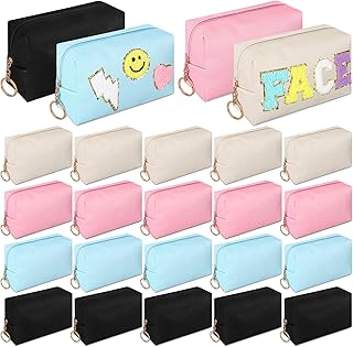 24 Pcs Preppy Makeup Bag PU Leather Cosmetic Bag Bulk Makeup Pouch Plain Cosmetic Pouch Waterproof Toiletry Bags for Women Traveling Preppy Pencil Case Travel Purse Cosmetic Organizer, 4 Colors