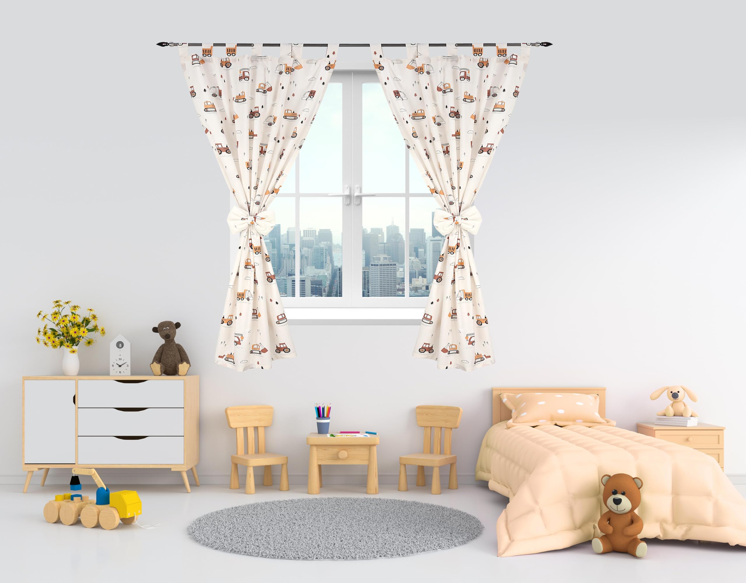 TupTam Kinderzimmer Vorhänge Baby Gardinen mit Schleifen 2er Set, Farbe: Baufahrzeuge/Bagger/Beige, Größe: ca. 155x95 cm