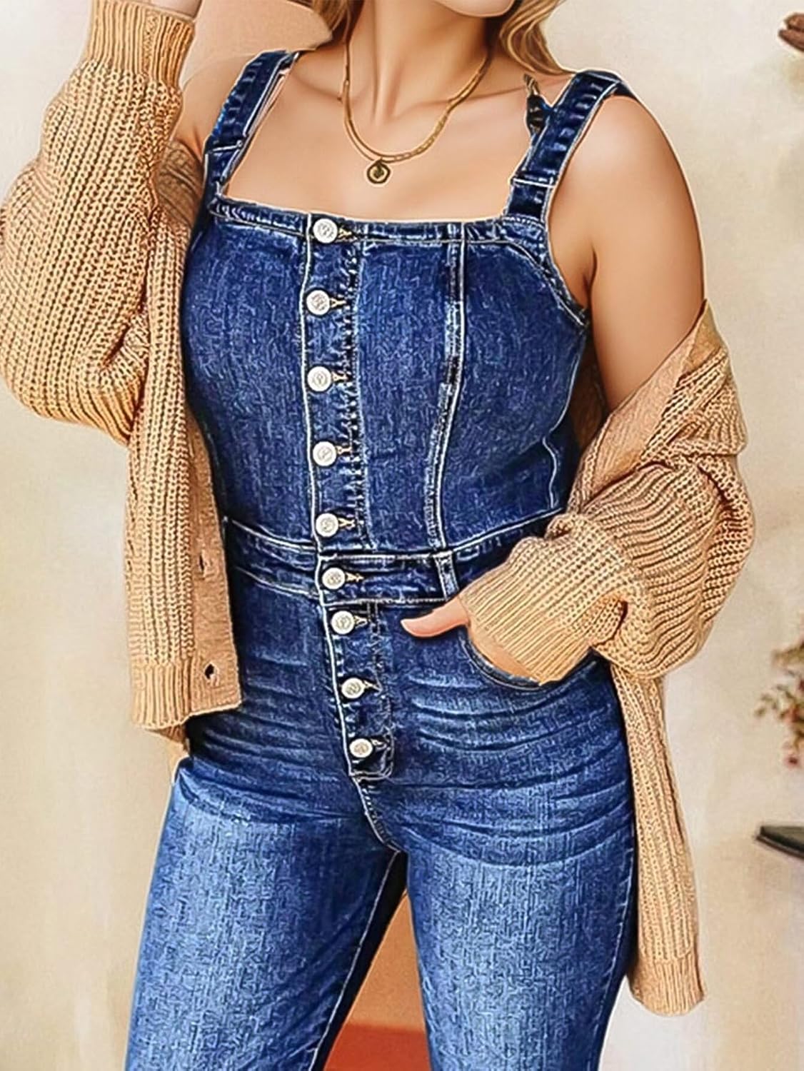 Flamingals Overalls for Women High Waisted Flare Leg Button Fly Sexy Casual Denim Jumpsuits with Pockets
