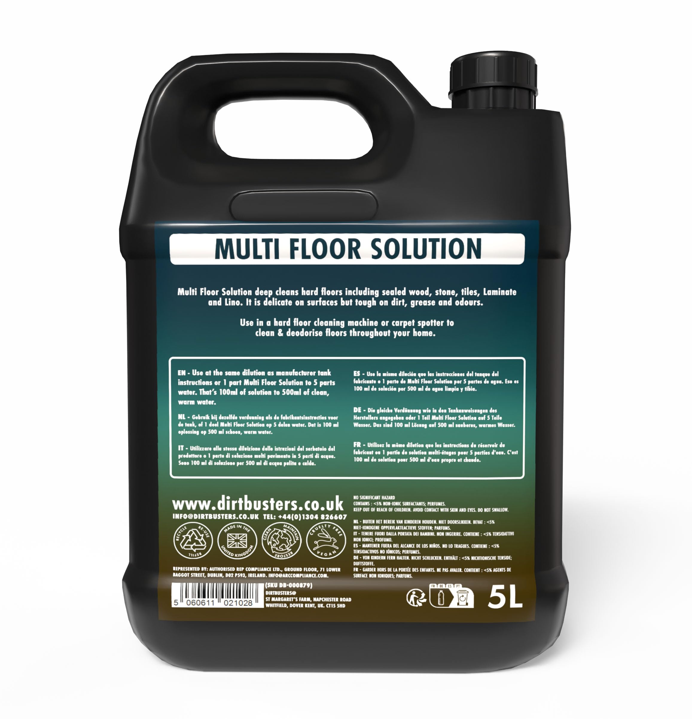 Dirtbusters - Solution de machine multi-sols avec désodorisant - 5 litres - Pour toutes les machines de nettoyage de sols et les machines à moquette