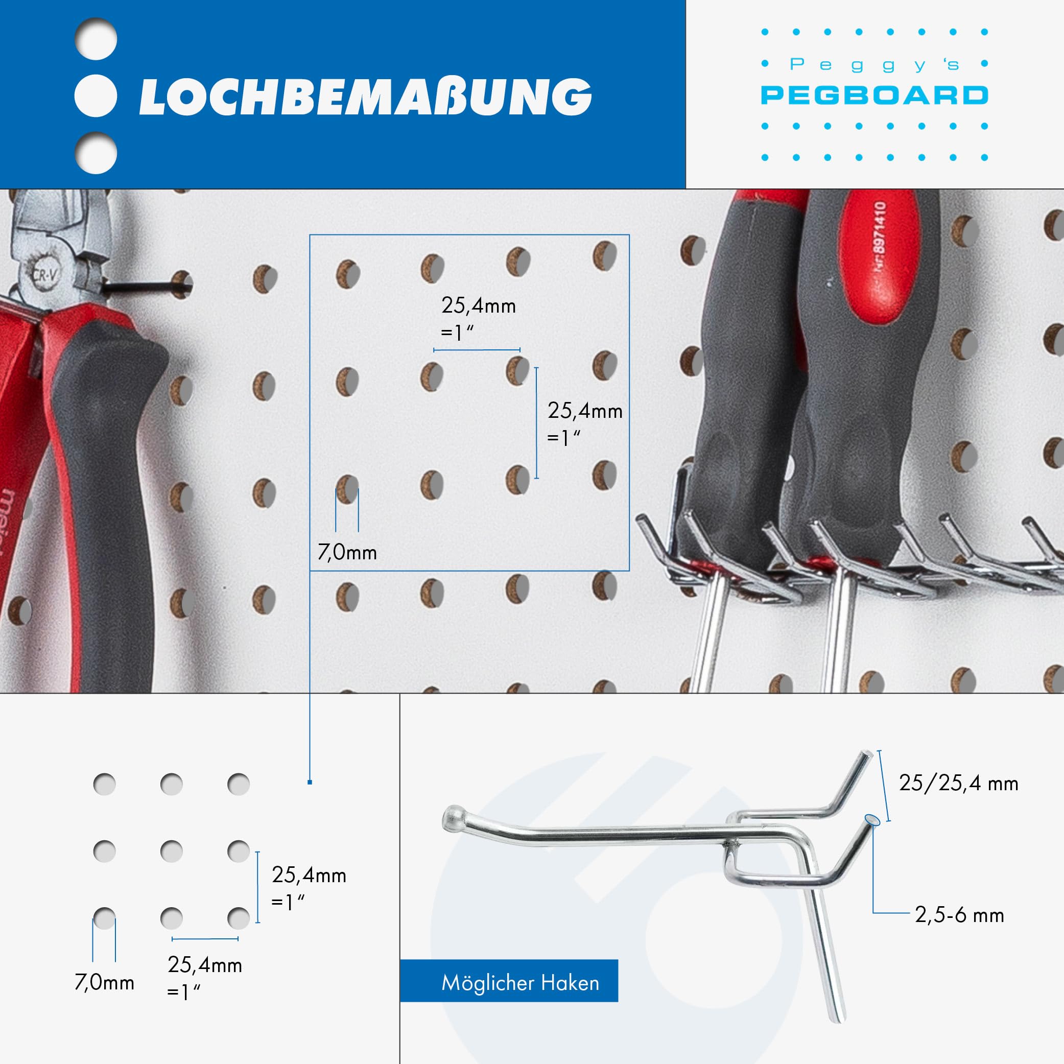 Pegboard MIDI - Panel de herramientas de madera (MDF) 100 x 60 x 0,5 cm, diámetro de 7 mm, distancia entre orificios de 25,4 mm, lacado blanco, fabricado en Alemania