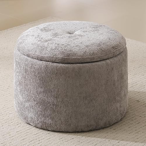 Miniatura 9 de Otomana moderna redonda de almacenamiento con tapa de bandeja reversible, taburetes otomanos de chenilla, reposapiés otomano con almacenamiento