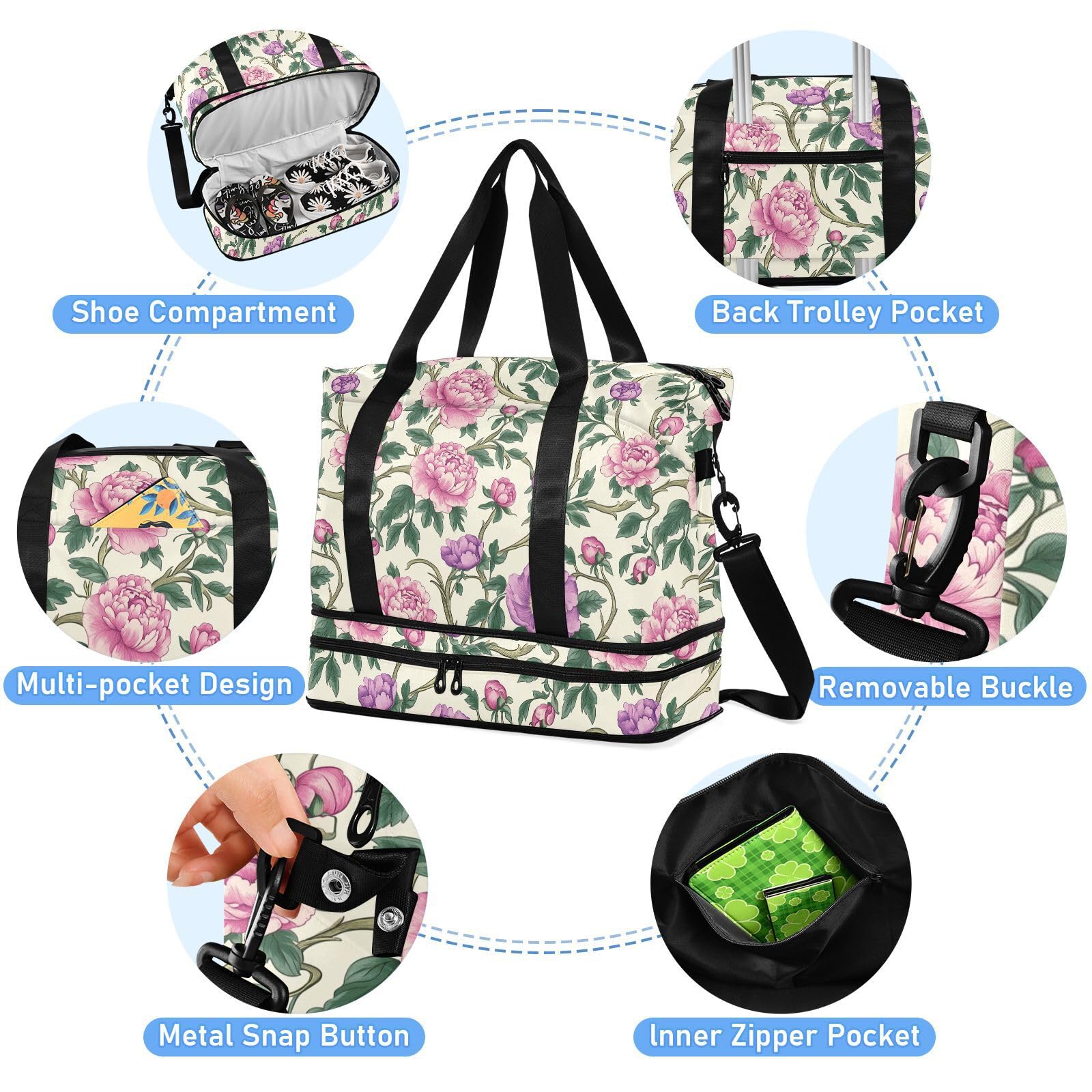 Turnbeutel im Vintage-Stil, Motiv: rosa Blumen und grüne Blätter, William Morris-Stil, 2-teiliges Set, große Sporttasche, Handgepäcktasche mit verstellbarem Riemen für Reisen