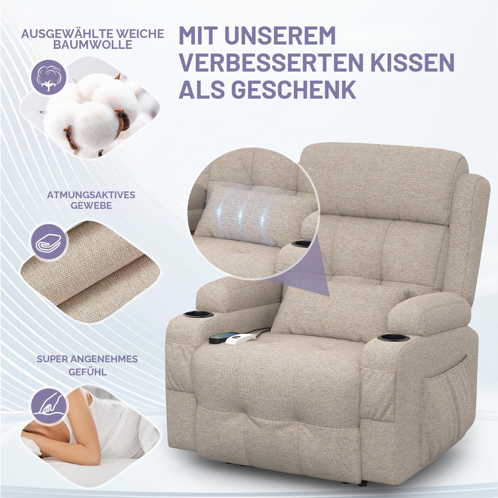 Relaxsessel Fernsehsessel Elektrisch Verstellbar Massagesessel mit Wärmefunktion Liegefunktion,2 Getränkehalter,4 Seitentaschen, TYP C & USB-Anschlüsse, TV Sessel für Fußteil, Wohnzimmer