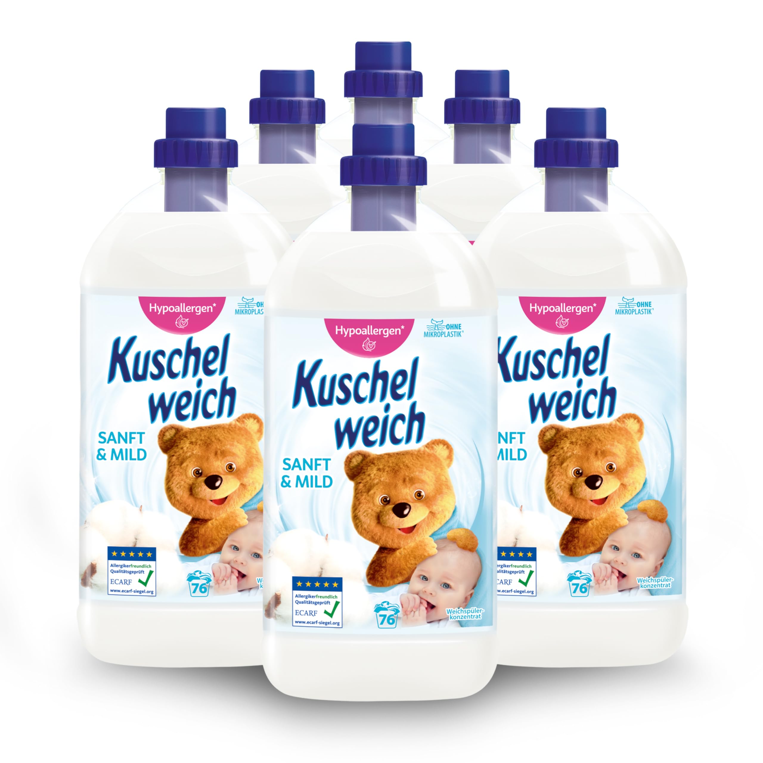 Kuschelweich Weichspüler - 6 x 2 l für je 76 Wäschen, kuschlig-weich, hautverträglich, mikroplastikfrei - Sanft und Mild