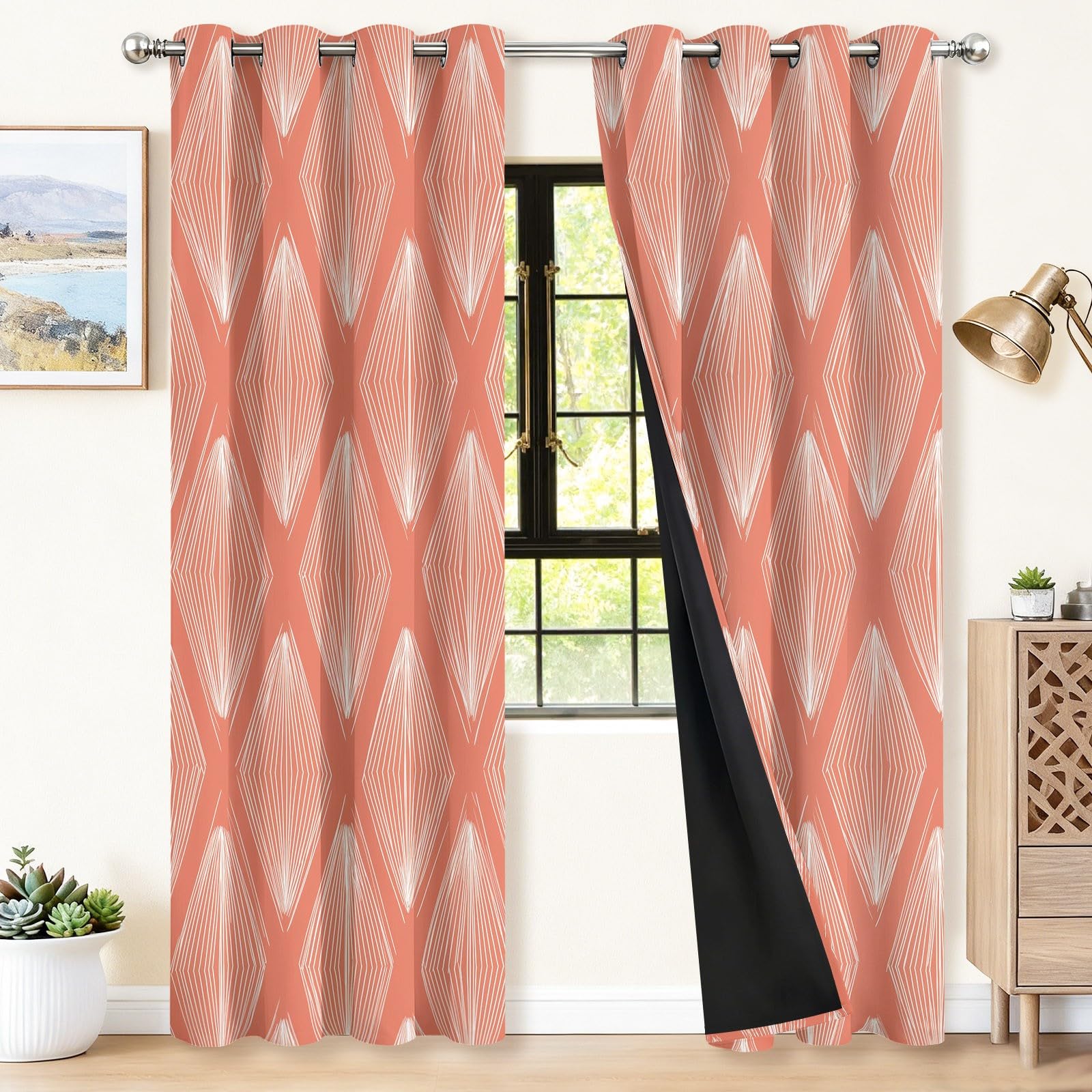 140L X 245H cm (2 Panneaux) Rideau Occultant Géométrie Lignes Losange Rideaux Thermique Isolant Anti UV, Corail Opaque Draperies Decoration pour Maison Salon Chambre Fenetre avec Œillets